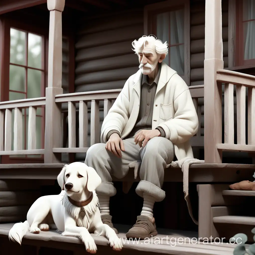 Мужик в старой одежде сидит на деревянном старом крыльце и гладит белую длинную собаку