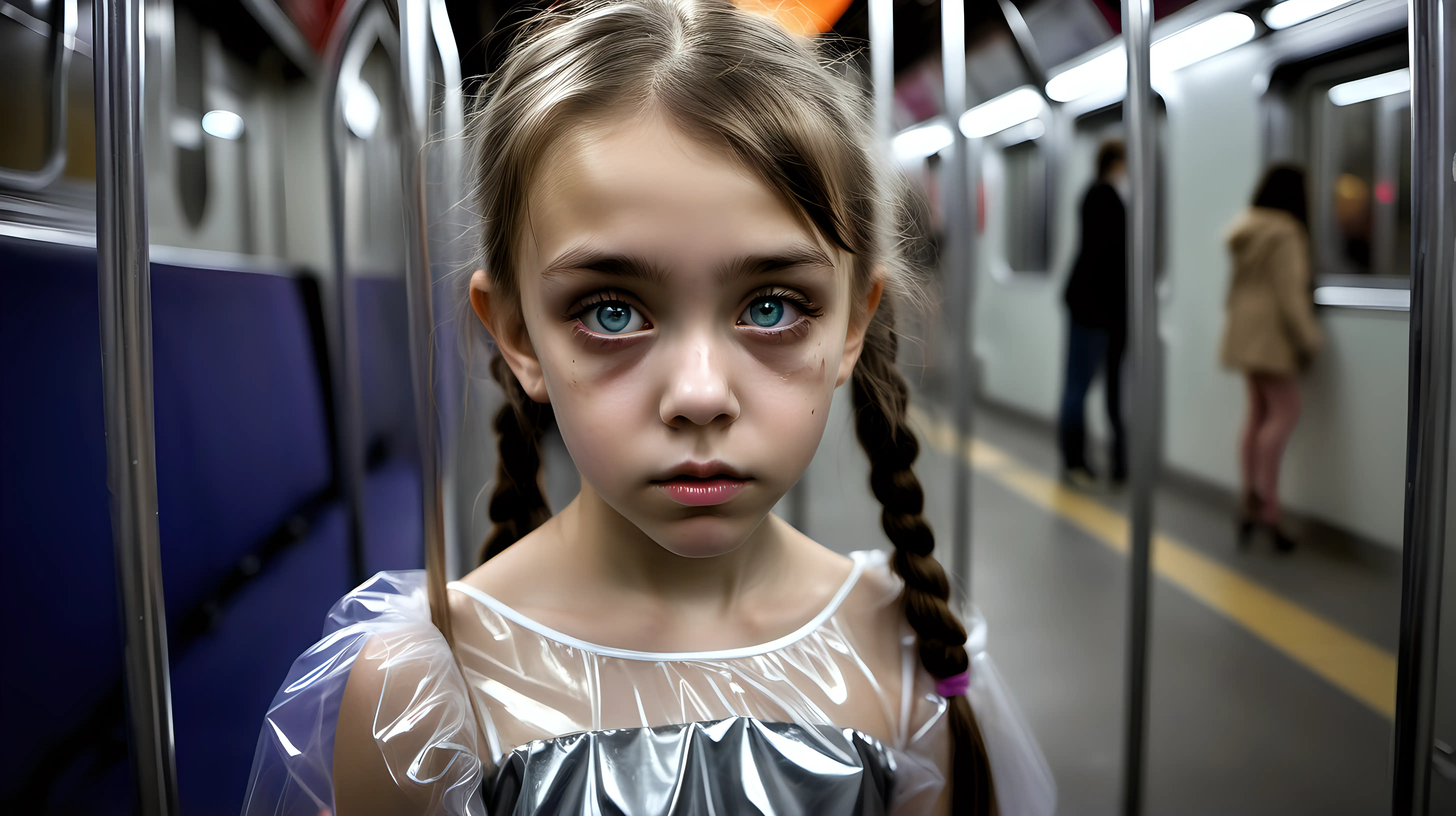 Gothic Nordic Model and Daughter in Neon Subway Atmosphere