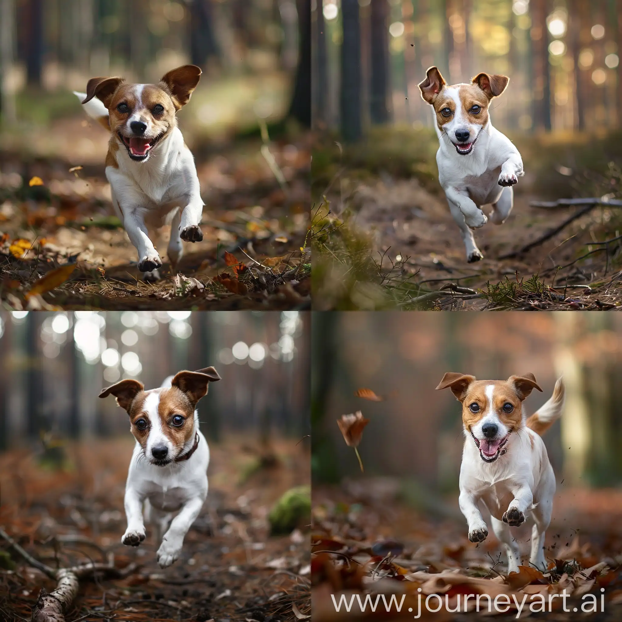 A Jack russel dog running in a forest