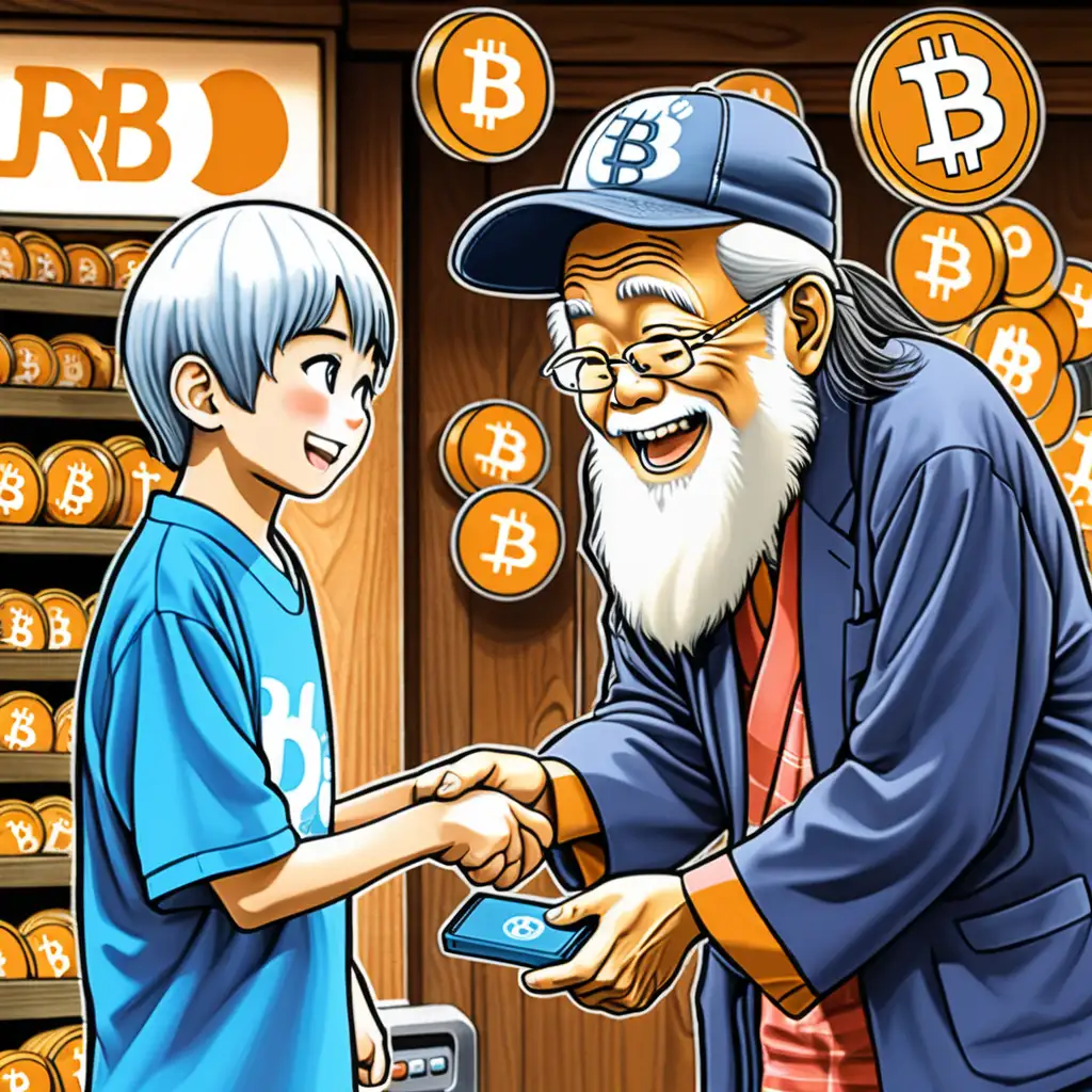  an old Japanese man giving bitcoin to a young teenager who seems happy