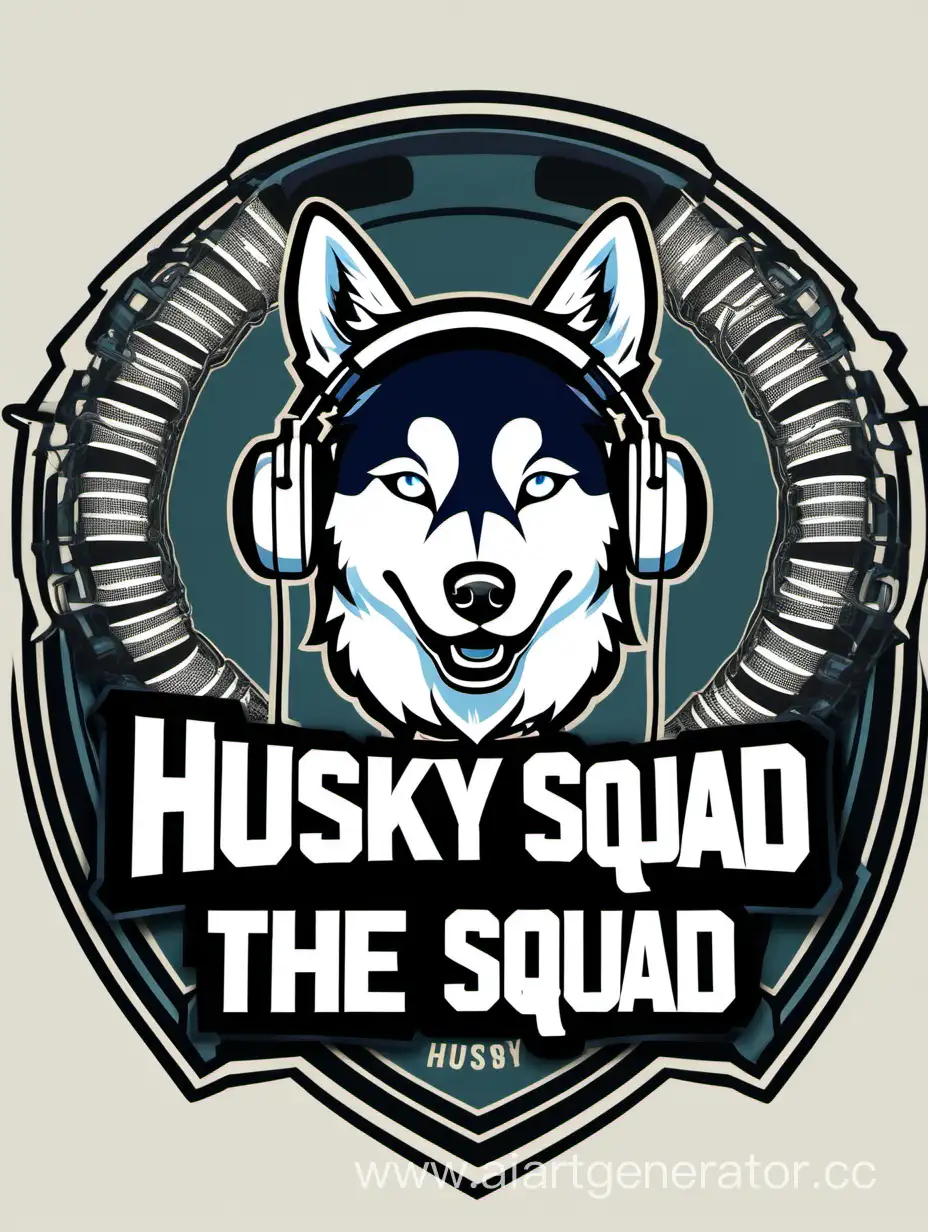Emblem with the inscription Husky Squad where a husky and speakers with headphones are depicted