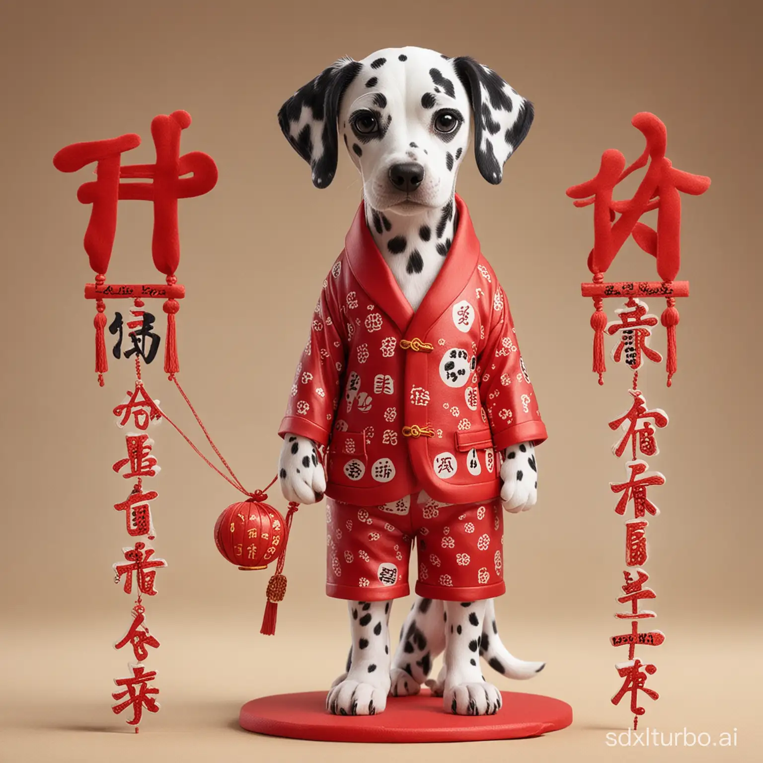 a cute Dalmatian wearing a red suit with a Chinese word"FU",pasting the coupletsgood fortune