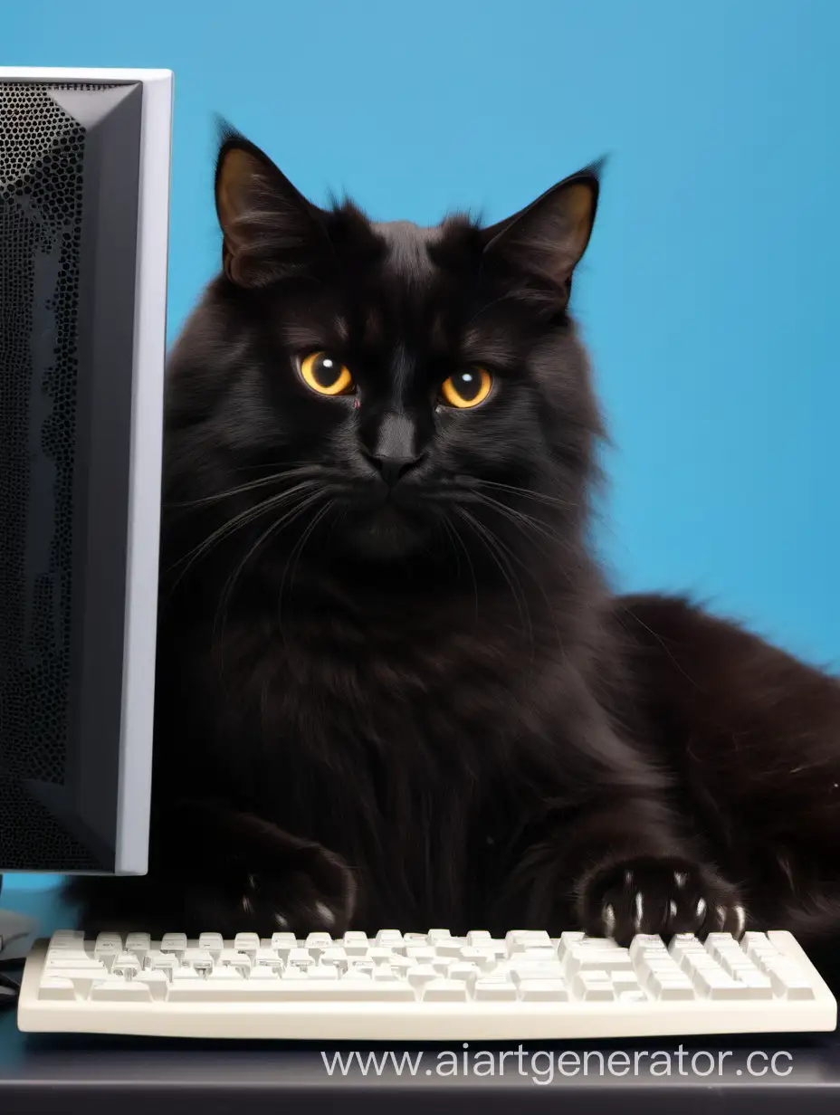  добрый черный кот айтишник работает за клавиатурой  у компьютера 