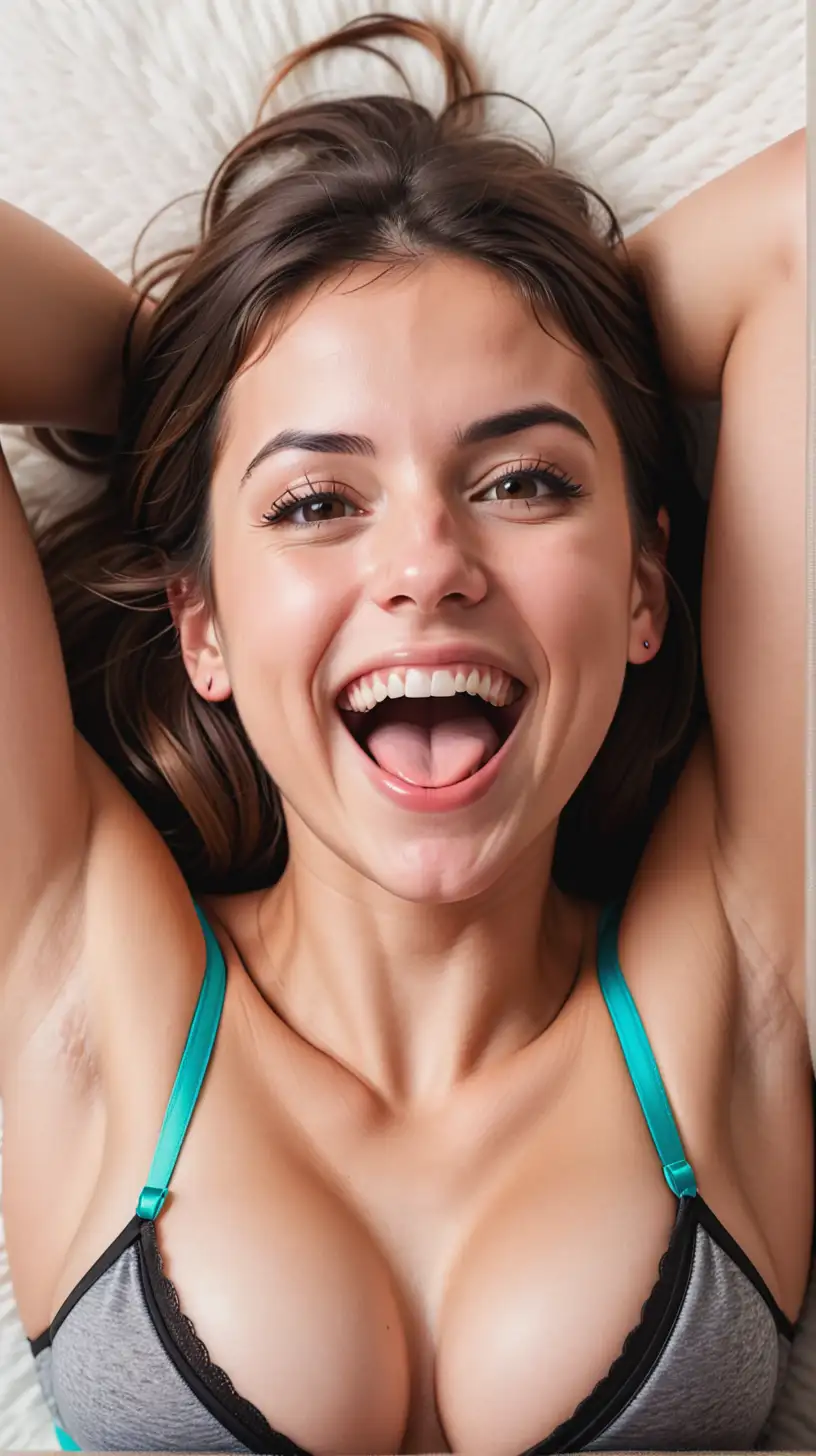 A pretty and athletic 28 year old Spanish woman lying down from above. She is sticking her tongue out with open mouth smiling. Wearing a modern revealing bra. Lots of cleavage.


