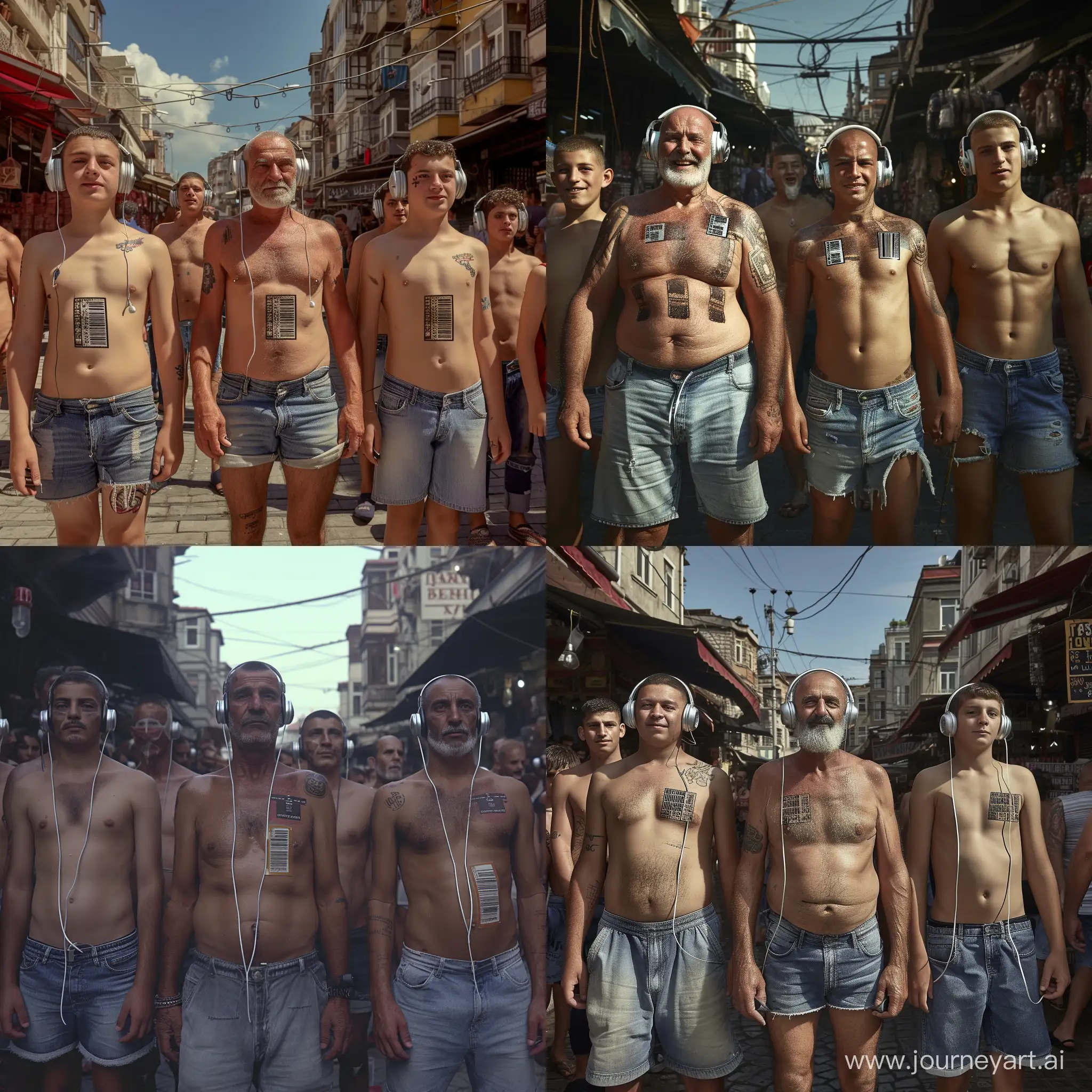 Muscular-Men-and-Boys-with-Silver-Headphones-at-Istanbul-Street-Market