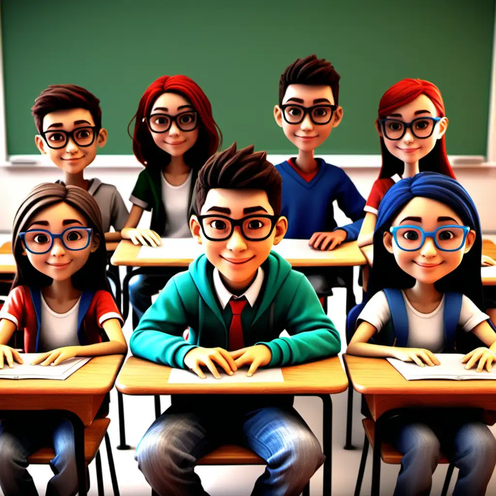 Create a 3D illustrator of an animated character of a group of students of age above 18 years sitting in a classroom.
