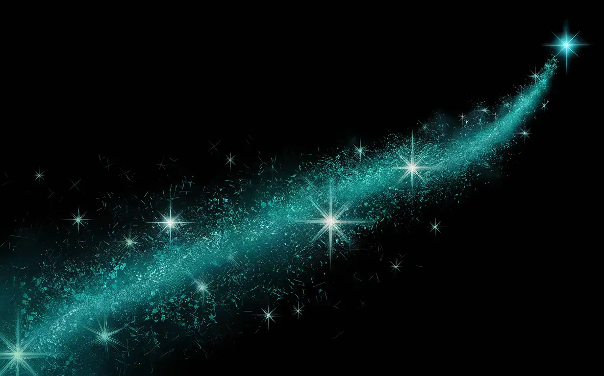 trail of magical stars going from left to right. black background. sparkle. light.  shade of teal. mystical and magical. glowing.