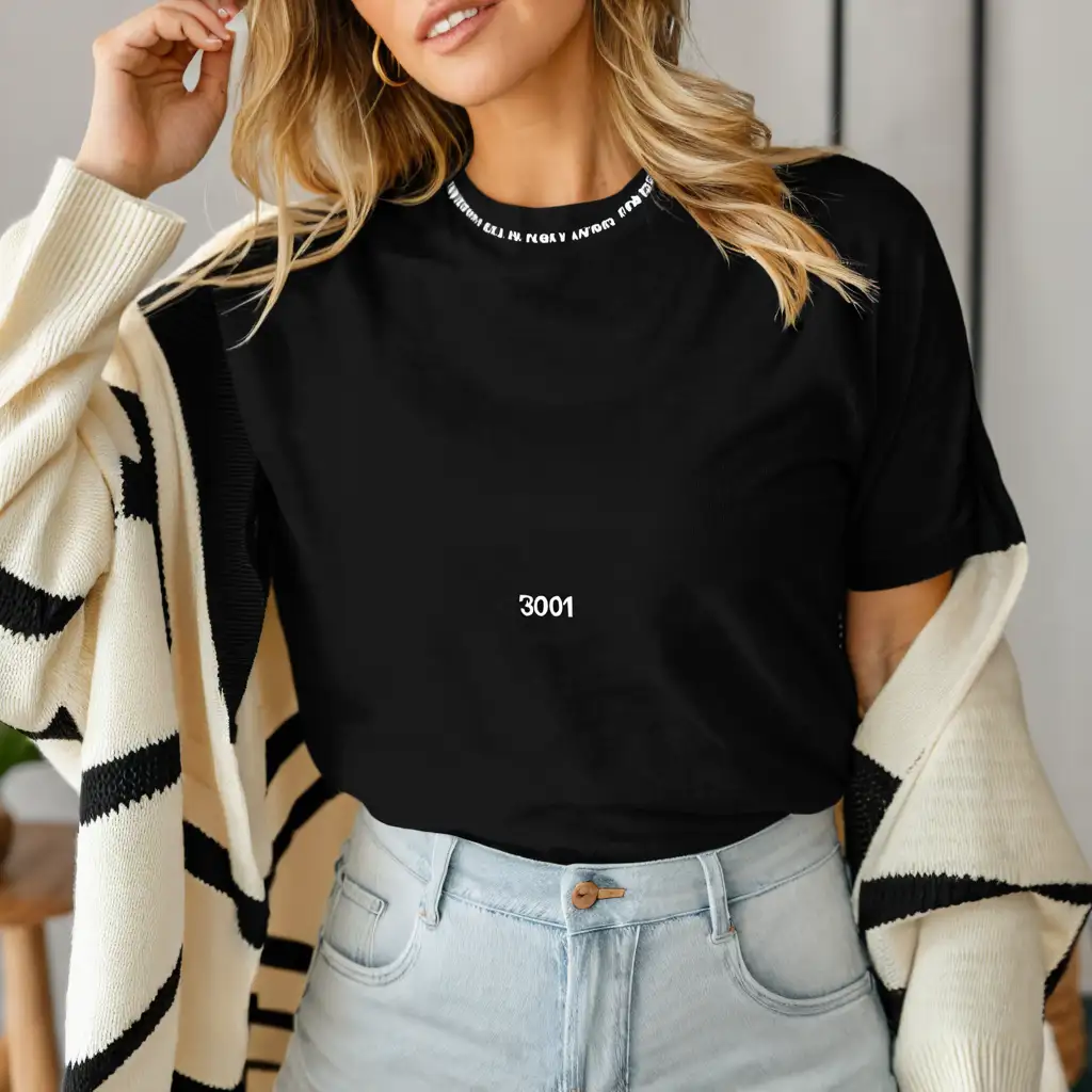 blonde woman wearing black bella canvas 3001 t-shirt mockup, with white knitted cardigan, simple boho home background