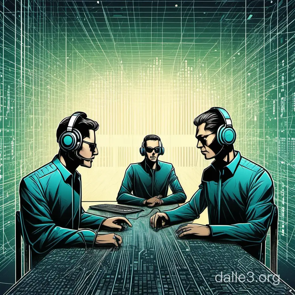 draw cyborgs working with data in a matrix field background dividing and conquering while two men in the center talk with headphones in a podcast setting looking at a big microphone