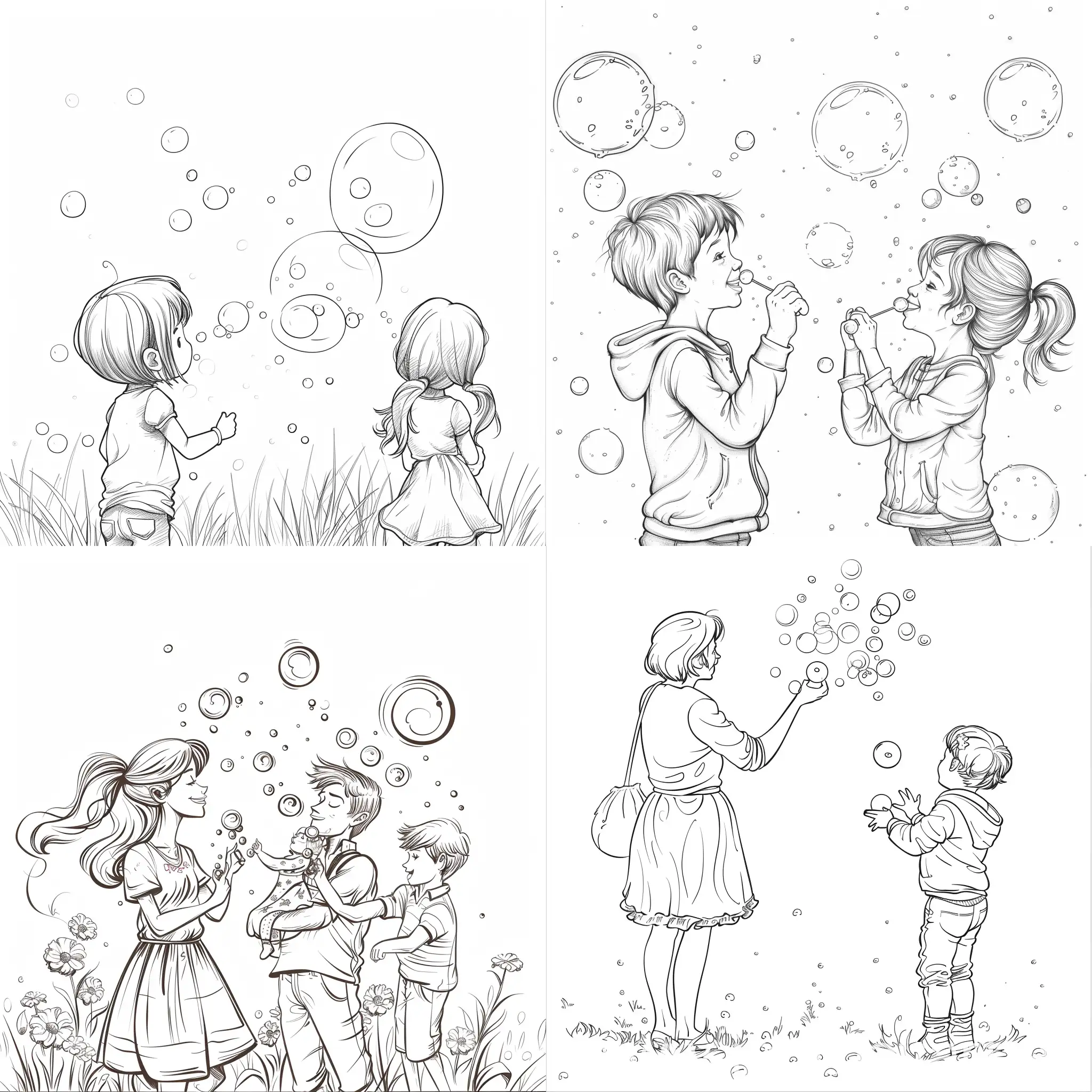  b/w outline art for kids coloring book page family love themed coloring pages, Blowing bubbles outside. full body, full white, kids style, white, white background, whole body, sketch style, full body ((( white background ))), use outline., cartoon style, line art, coloring book, clean line art. sketch style, line - art.