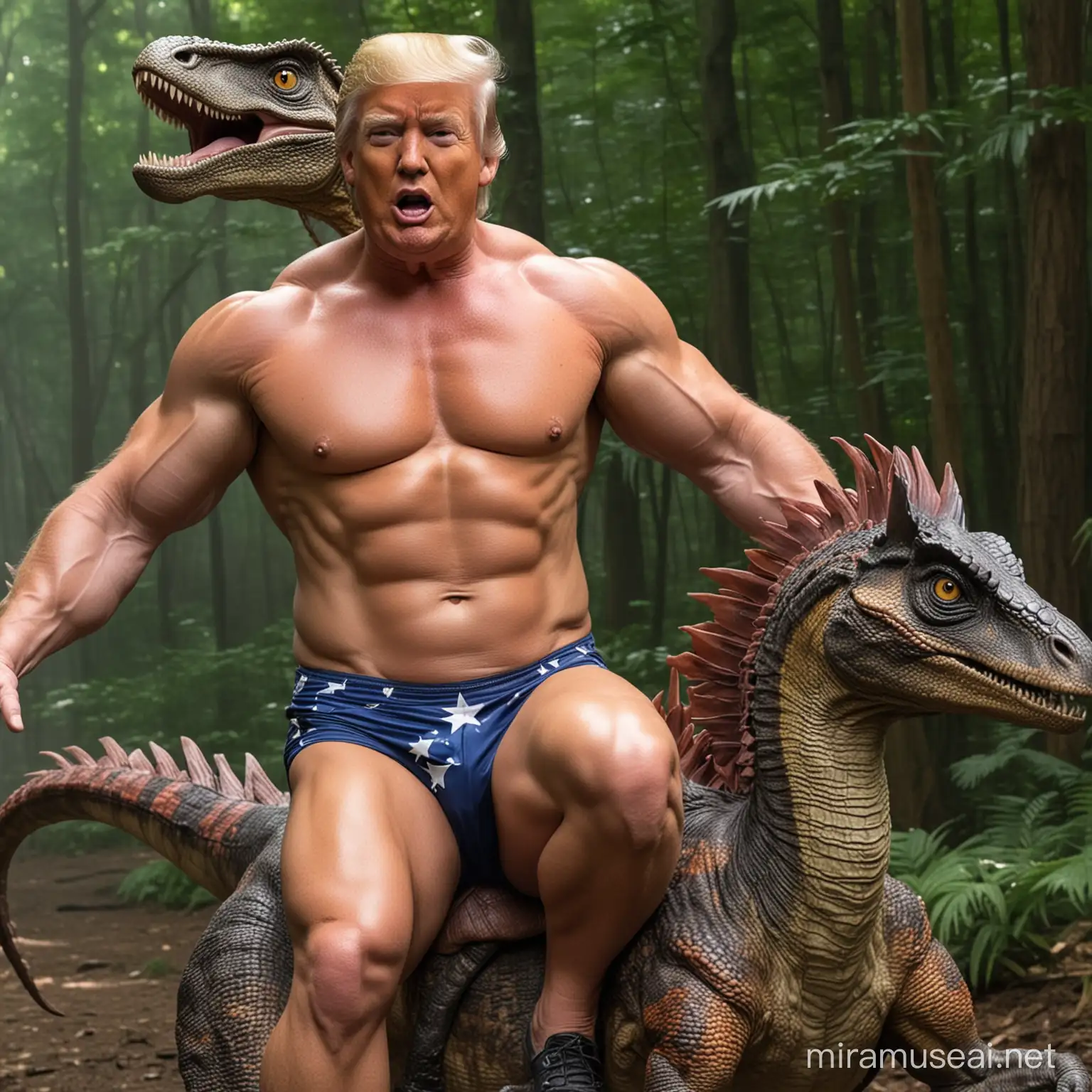 Overweight Trump Riding a Velociraptor Humorous Illustration of a Fantasy Reversed