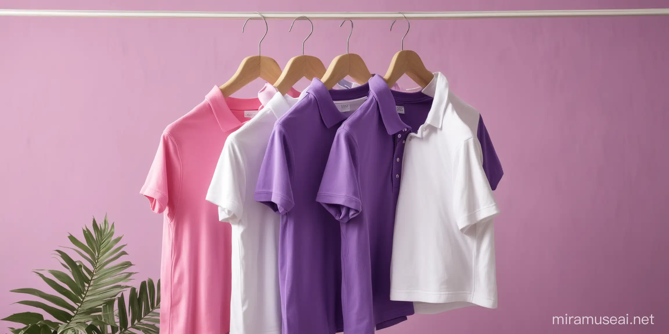 3 Polo T shirts hanging in a hanger, T Shirts color, first pink , second purple and third one is white , summer theme blurred background , with some leaf elements