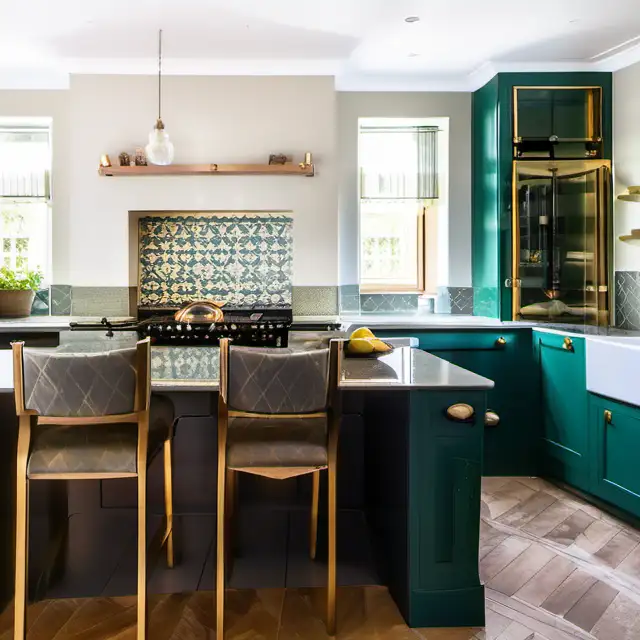 Elegant Teal Shaker Style Kitchen with Brass Accessories and Patterned Tile Splashback