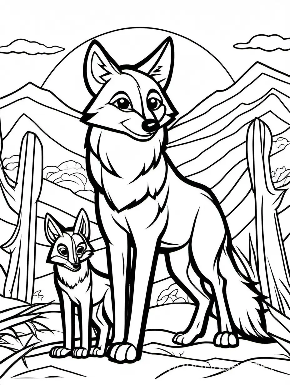 Adorable-Coyote-and-Pup-Coloring-Page-for-Kids-Black-and-White-Line-Art-with-Simple-White-Background