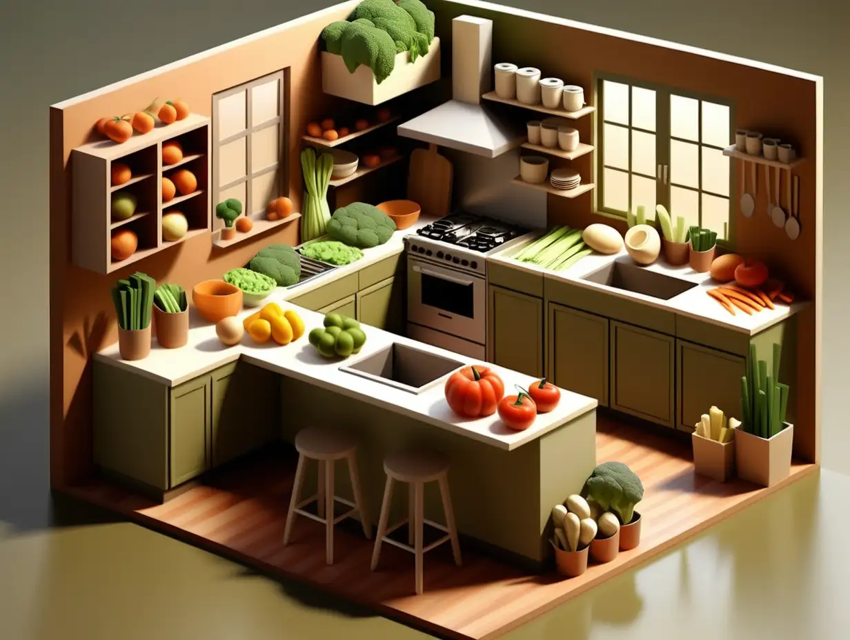 a 3D isometric drawing of a kitchen where healthy food is being prepared using organtic, earthy tones