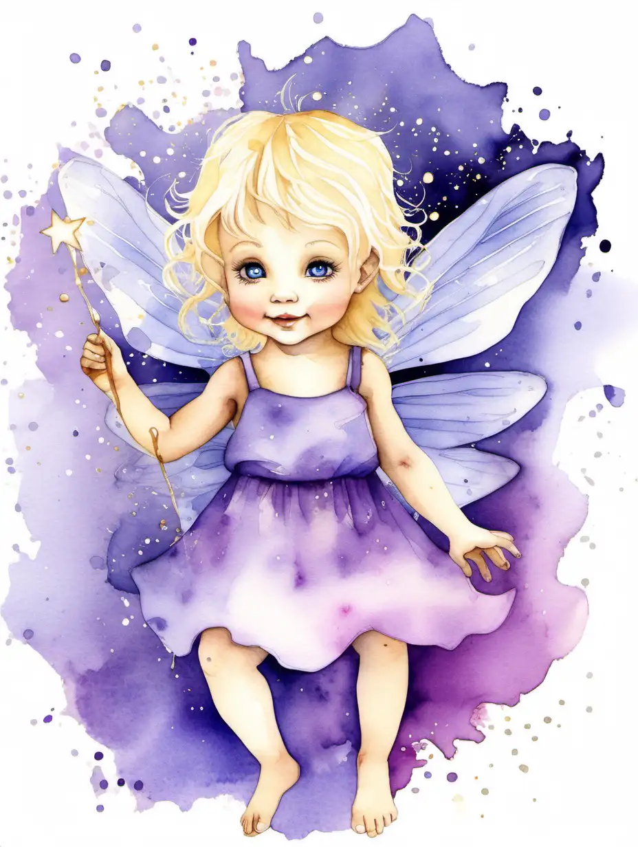 Adorable baby fairy sprinkling purple dust, sweet face, blonde hair, minimal, watercolour