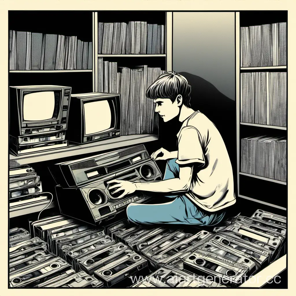 Юный парень с VHS кассетами сидит за компьютером