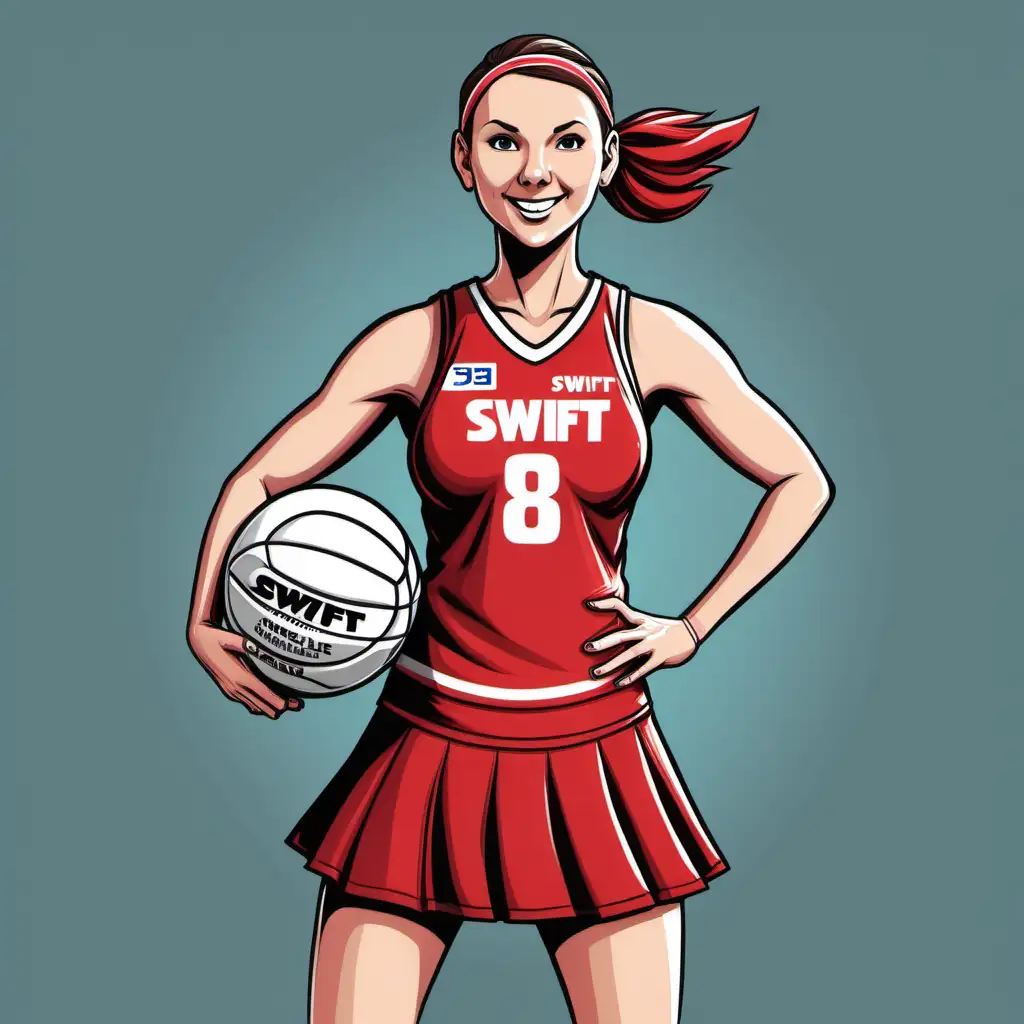 cartoon image of a swift netballer wearing a red skirt, holding a white netball