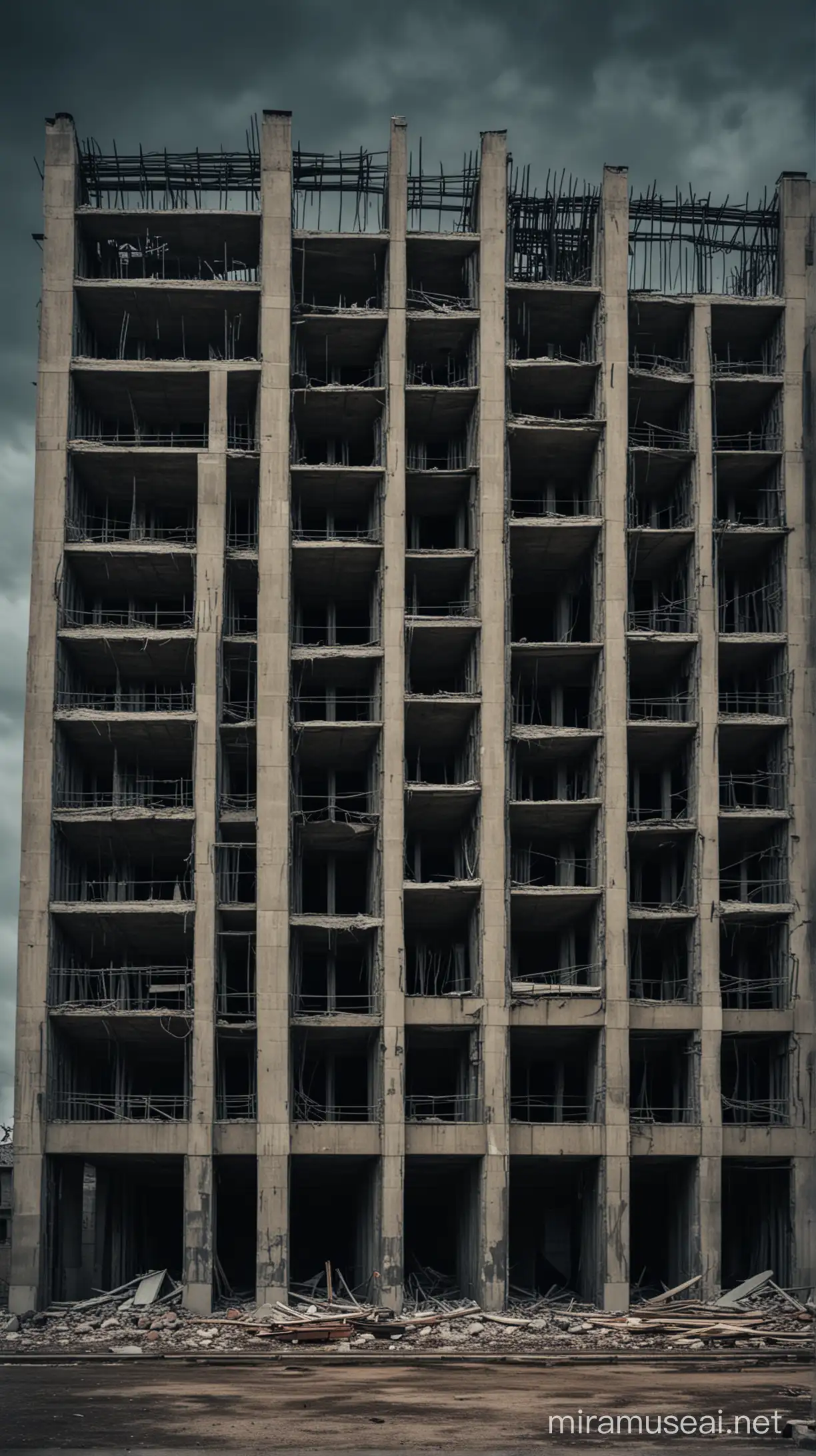 building construction, number 72, horror theme, dark, creepy
