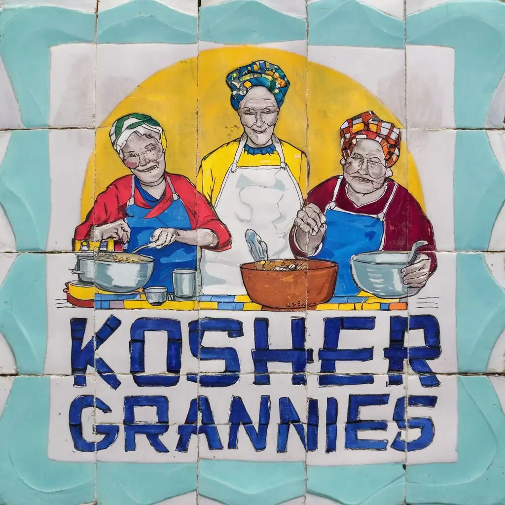 logo, Israel, yellow, blue, white, Jewish grannies with Jewish colorful headcovers cooking, in Portuguese tiles, Paul Klee, with the text "Kosher Grannies", typography, be used in art industry