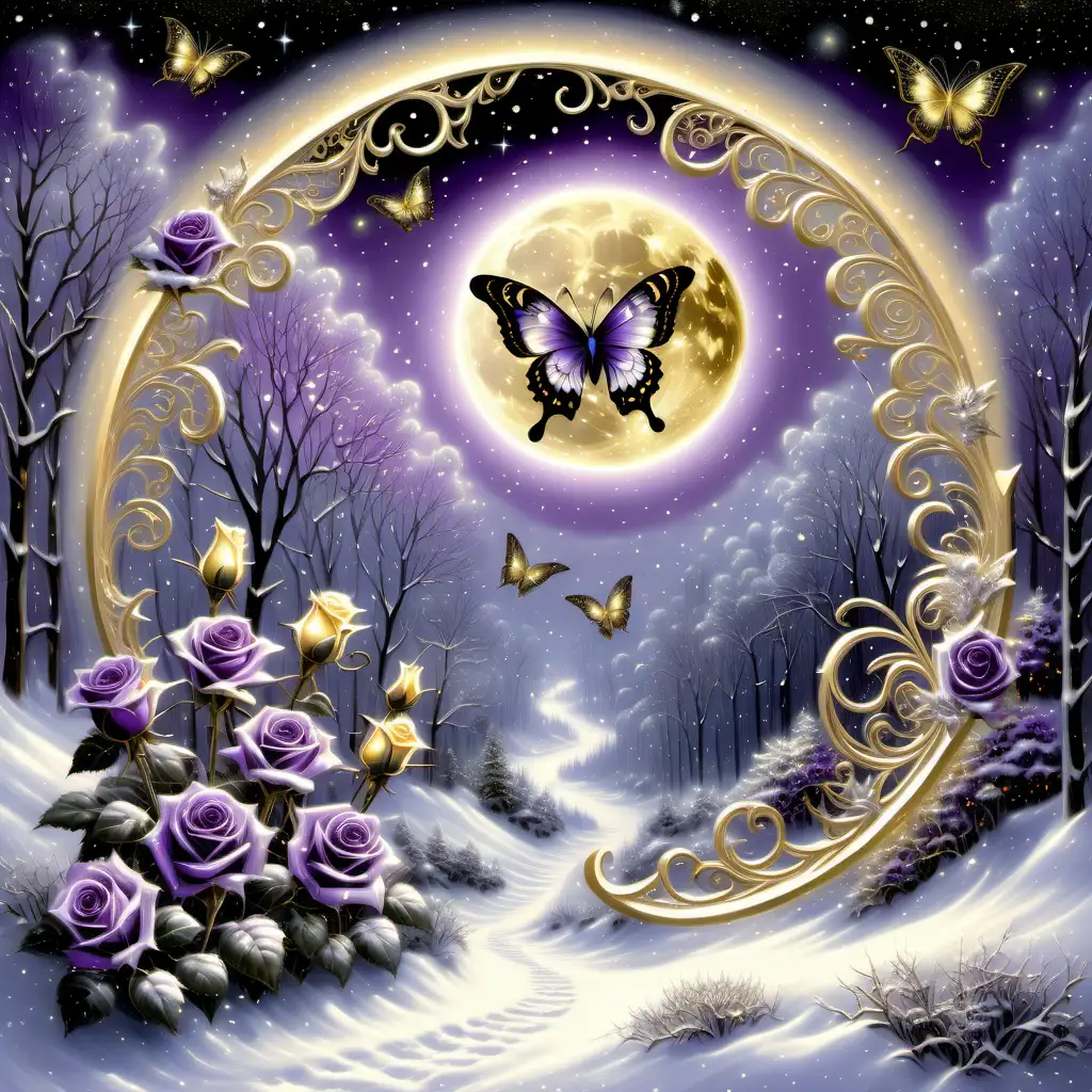 mystical starry moon lit night in a wintery sparky glistening snow, bi colored roses, with a gorgeous filigree butterfly, glitter, gloving, transparent, dark purple, Black and gold, Thomas Kinkade