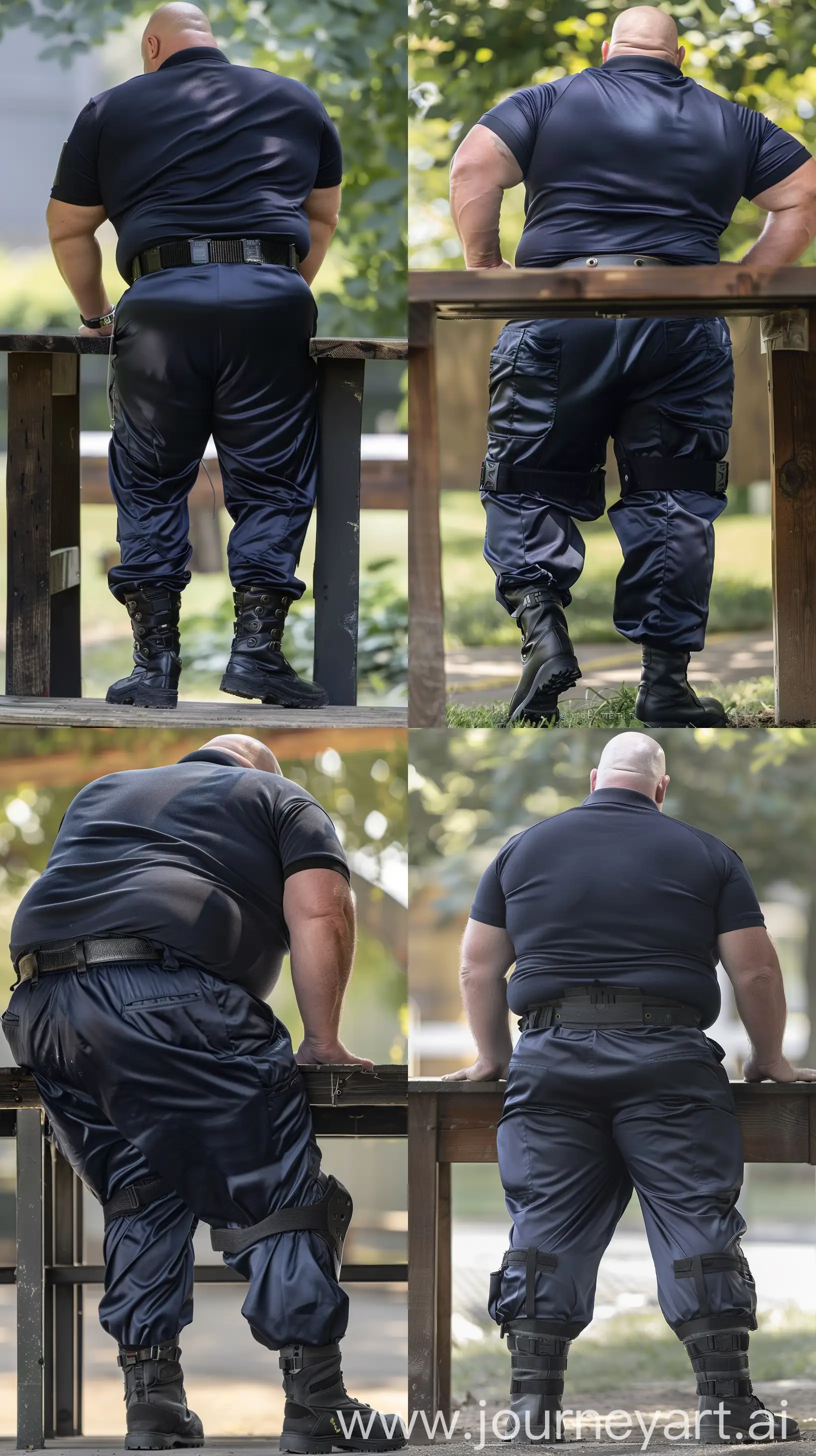 Close-up full body back view photo of a very fat man aged 60 standing next to a very high table. The man is wearing silk navy stretched out battle pants tucked in black tactical boots, he has a tucked in silk navy sport polo shirt and a black tactical belt. The man is standing straight and leaning forward on both hands placed on the table. Outside. Bald. Clean Shaven. Natural light. --ar 9:16