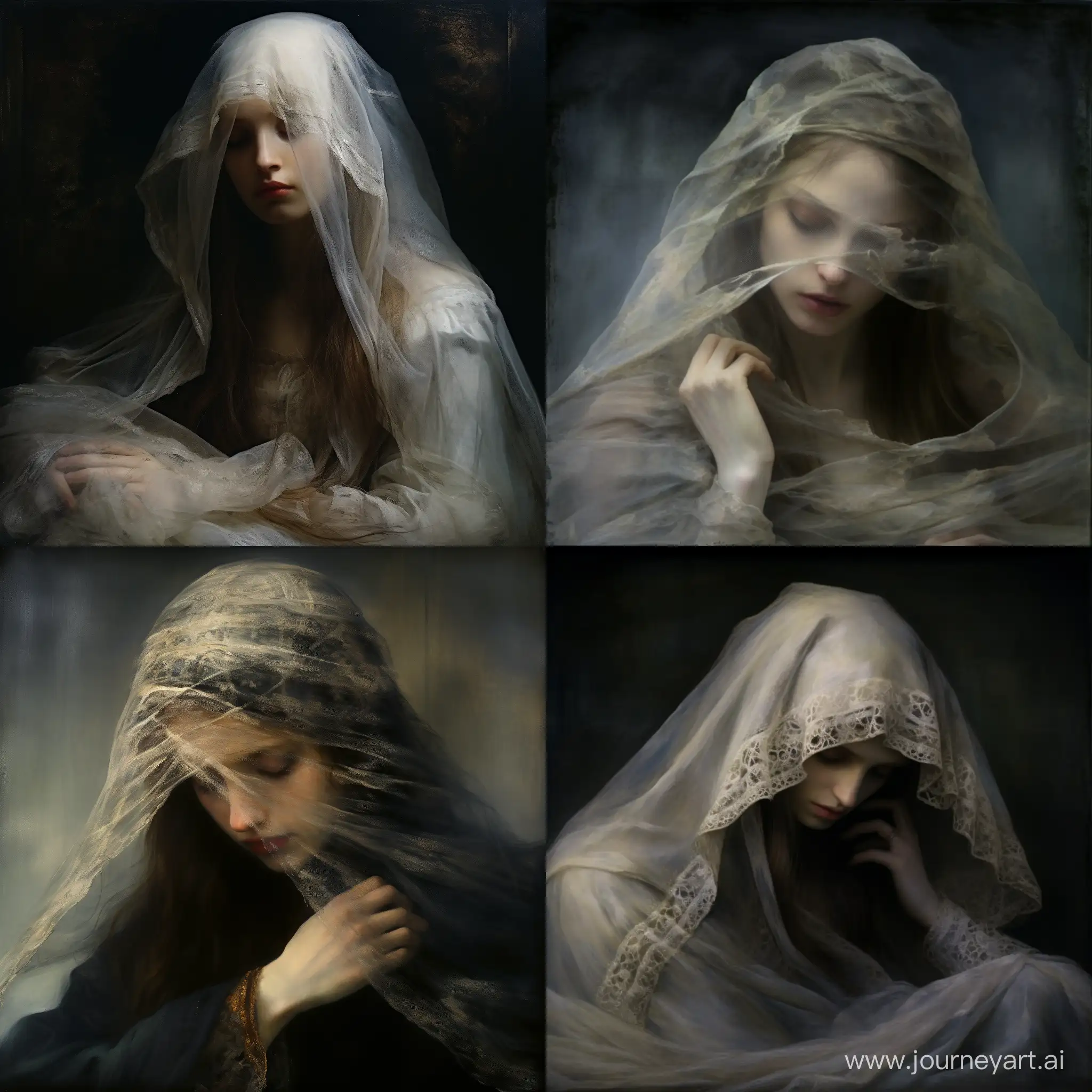 White woman with a veil covering her face, art picture inspired by Katya Chausheva, tumblr, romanticism, 1 8 5 0, Delaroche, sense of hopelessness, old photography, William - Adolph Bouguera, Victorian era, oil art,, fine - art photography, craftsmanship , trends on artstation, sharp focus, studio photography, intricate details, high detail, by greg rutkowski, oil watercolor, airbrush