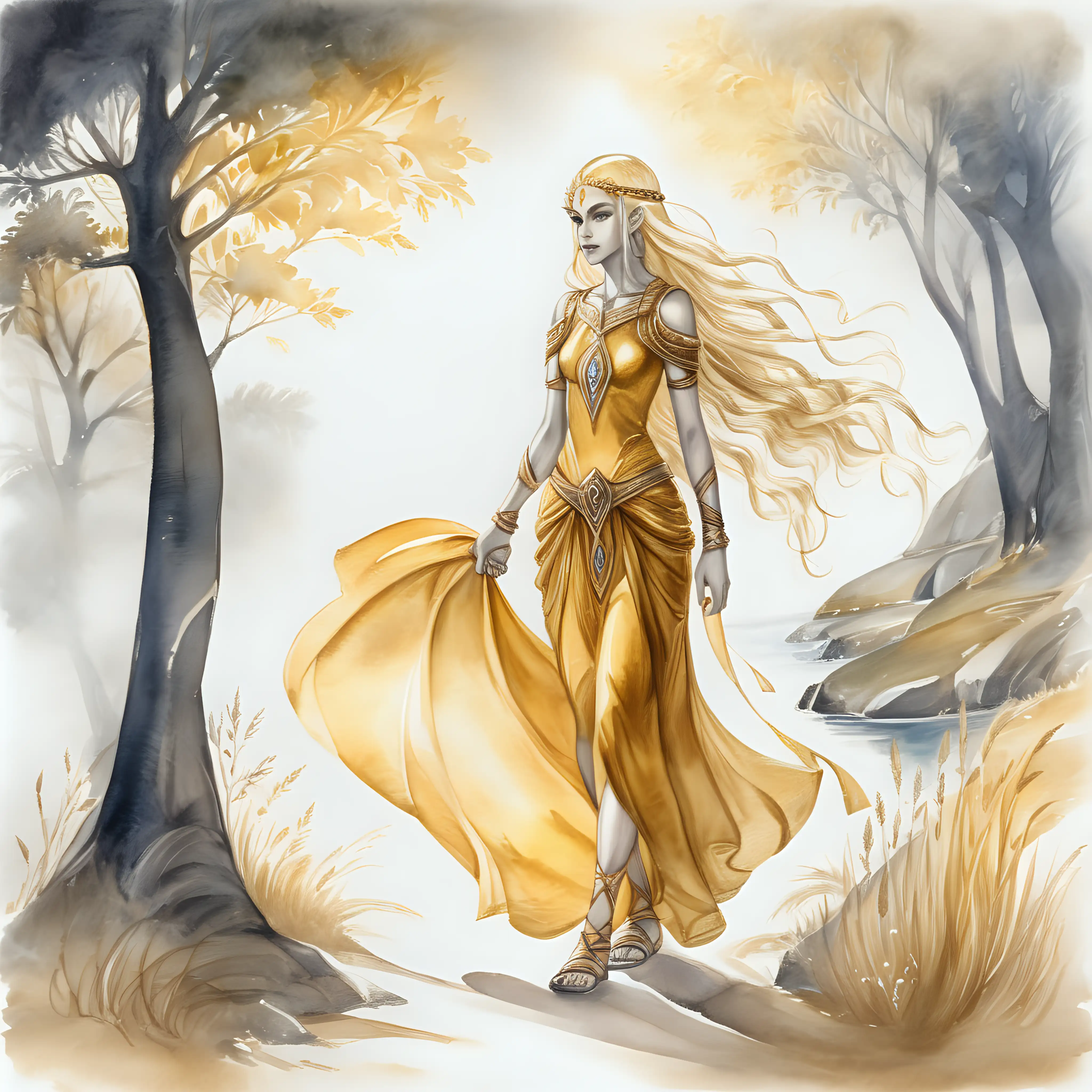 fantasy golden summer eladrin walking, dark watercolor drawing, no background
