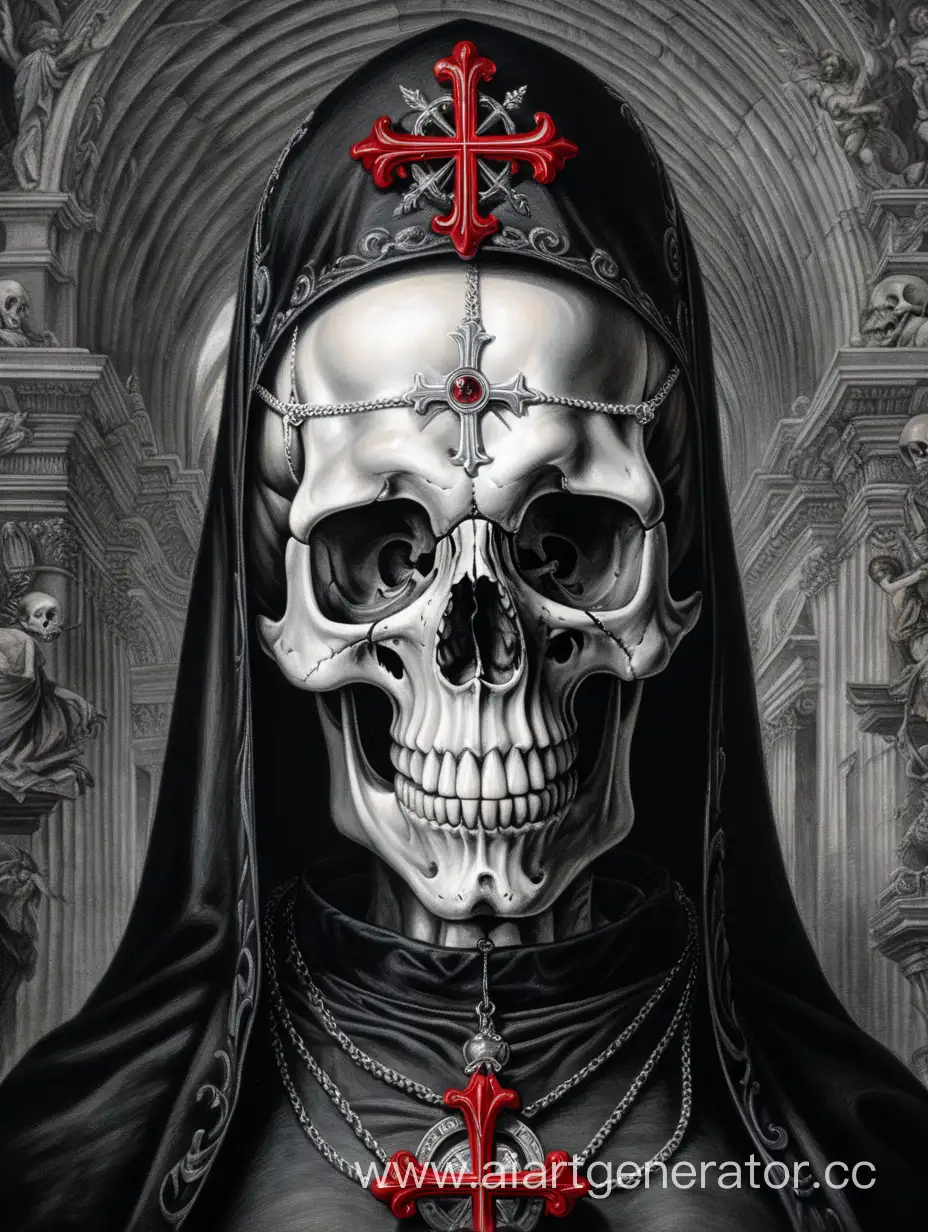 skull nun,  crazy skull , assimetrical, Peter paul rubens  poster, hiperdetailed, black,gray, red