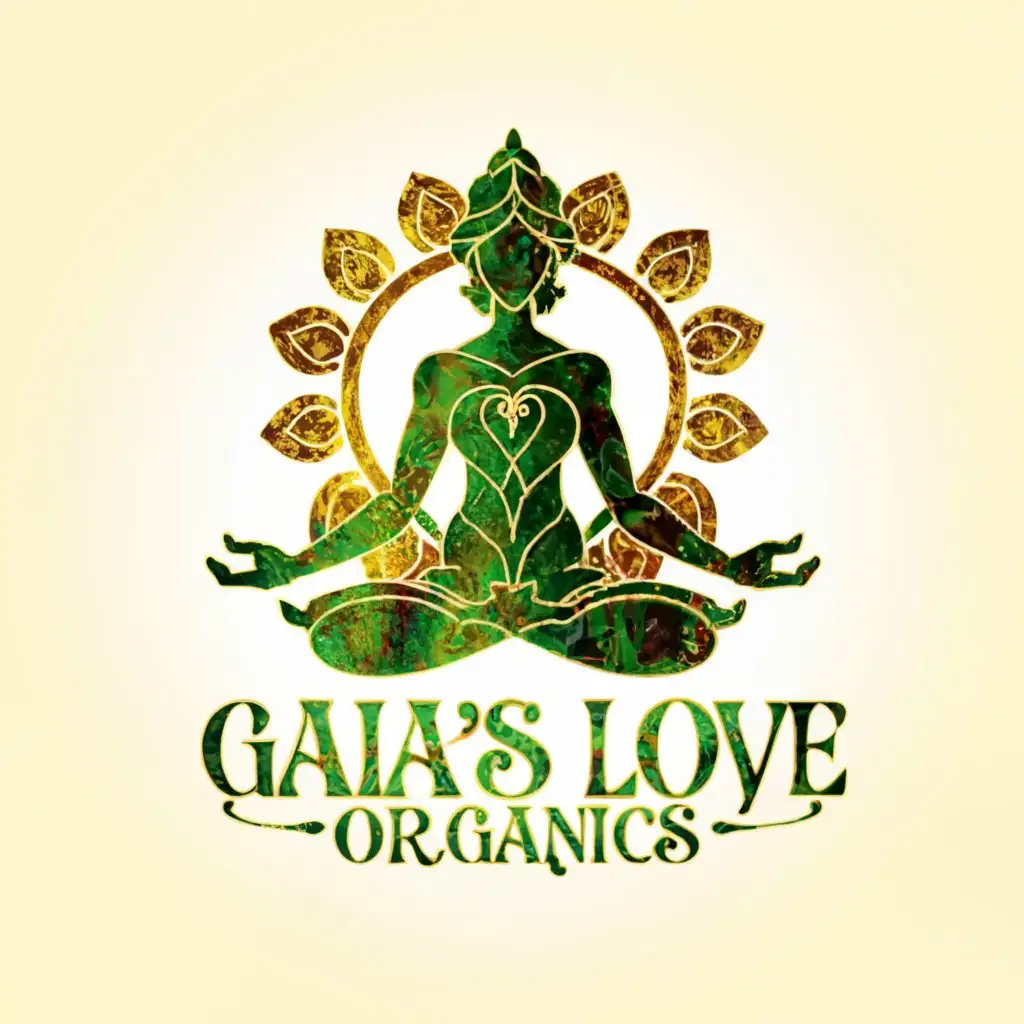 a logo design, with the text 'Gaia’s love organics', main symbol: Mother gaia meditating with lotus flower legs and holding an emerald green heart, Moderate, gold and chakra color background