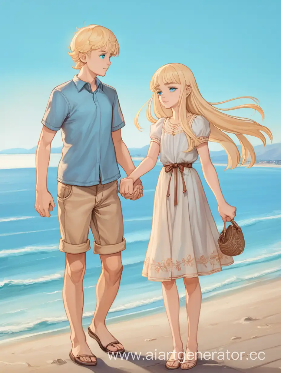  девочка блондинка с голубыми глазами держится за руки с блондином мальчиком постарше её около моря