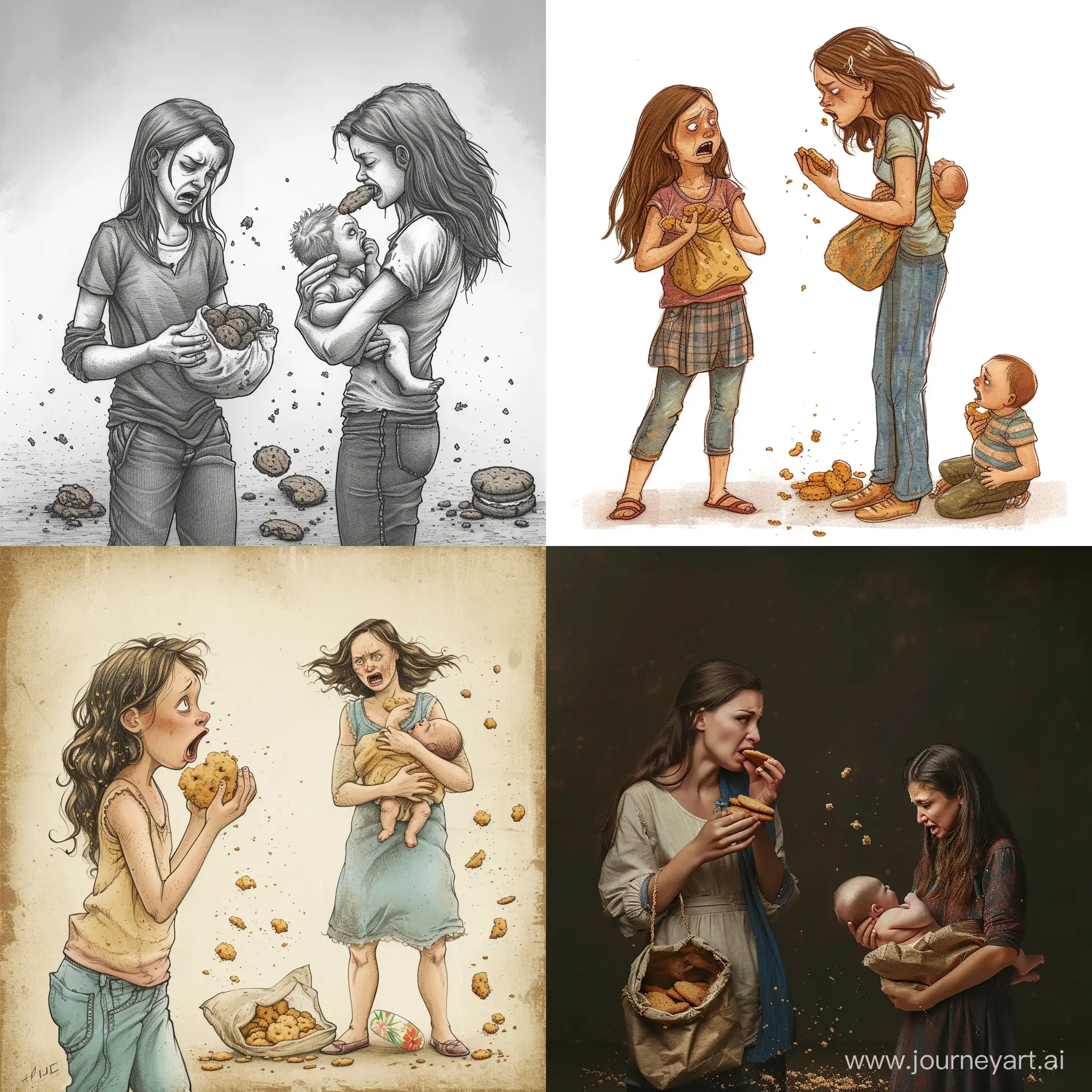 Девочка кушает печенье, мама стоит с младенцев на руках и плачет, в руках девочки пустой пакет с крошками печенья