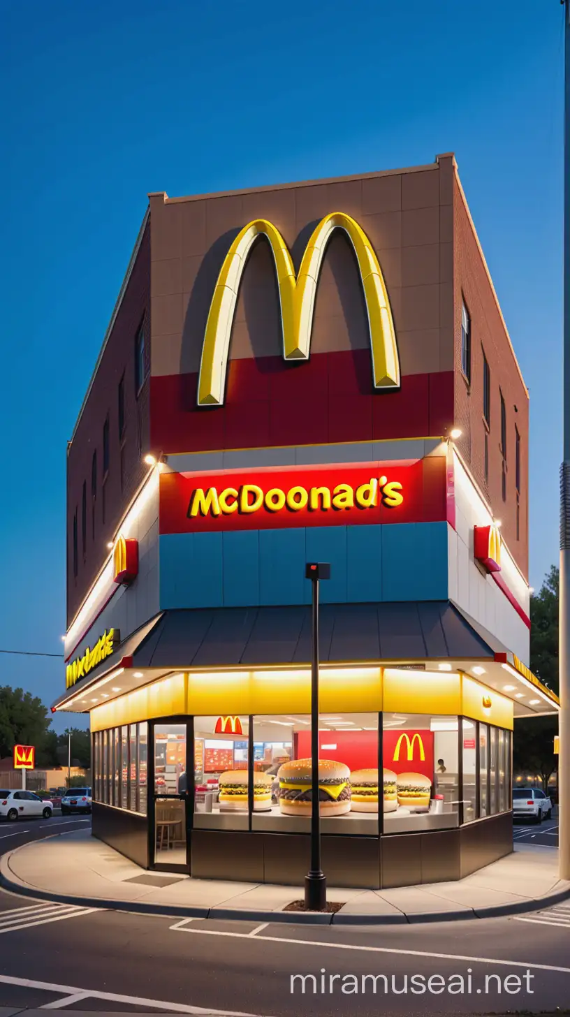 Iconic McDonalds Restaurant with Golden Arches and Flag at Night