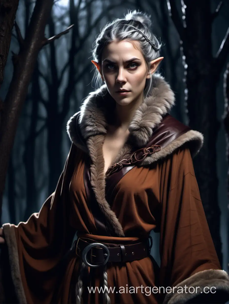 Half-elf, woman, gray hair, stern expression, hair braided, brown robe with a fur collar, many belts, behind the night forest with simple strokes, half body