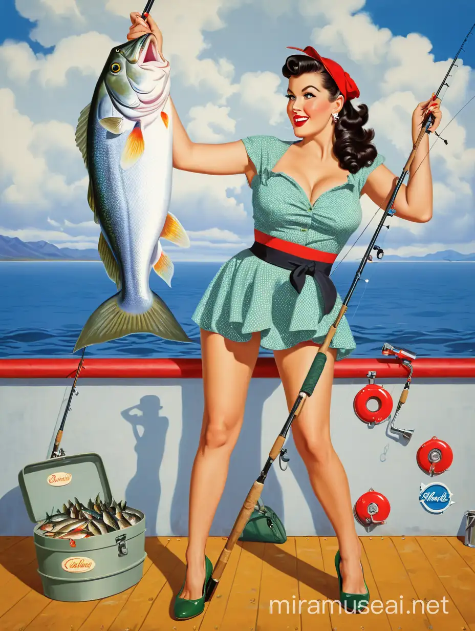 pinup girl 30 years old fishing, caught big fish, looking straight to camera