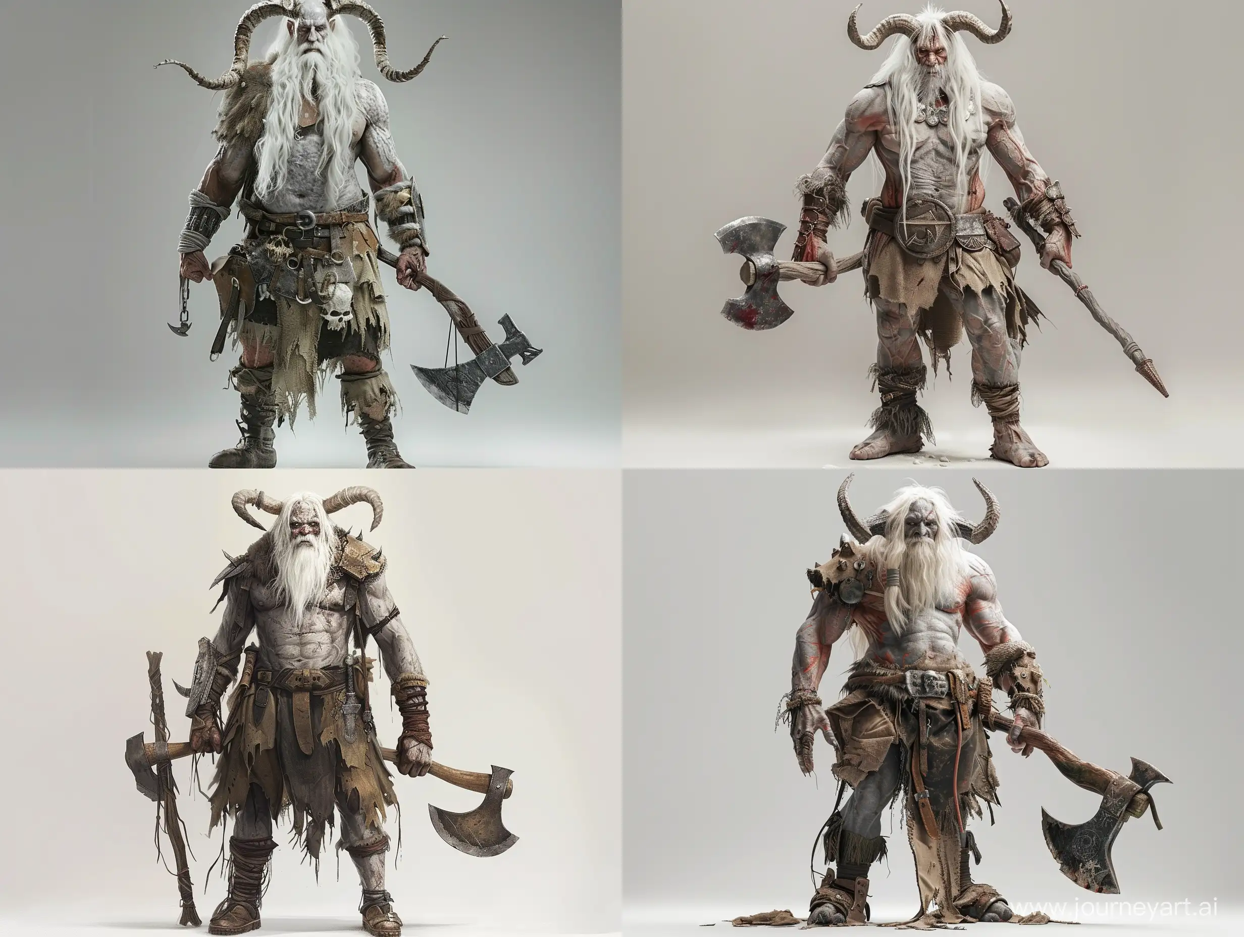 A realistic depiction of a tall human with grey skin, long white hair, and small horns growing from his head. He wears raggedy travelers armor. Carries a large axe with two hands. full body. ultra realistic. Muscular.