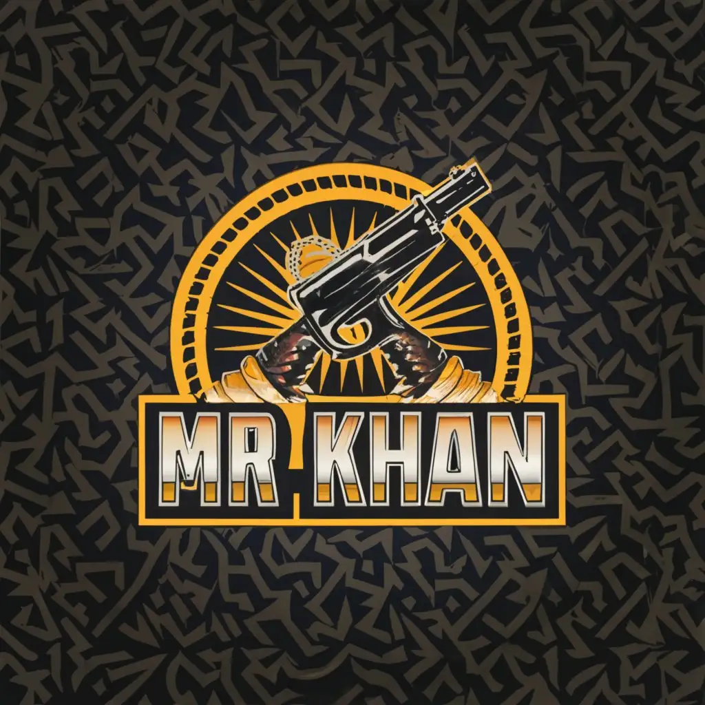 a logo design,with the text 'Mr .Khan', main symbol:Gun,complex,clear background