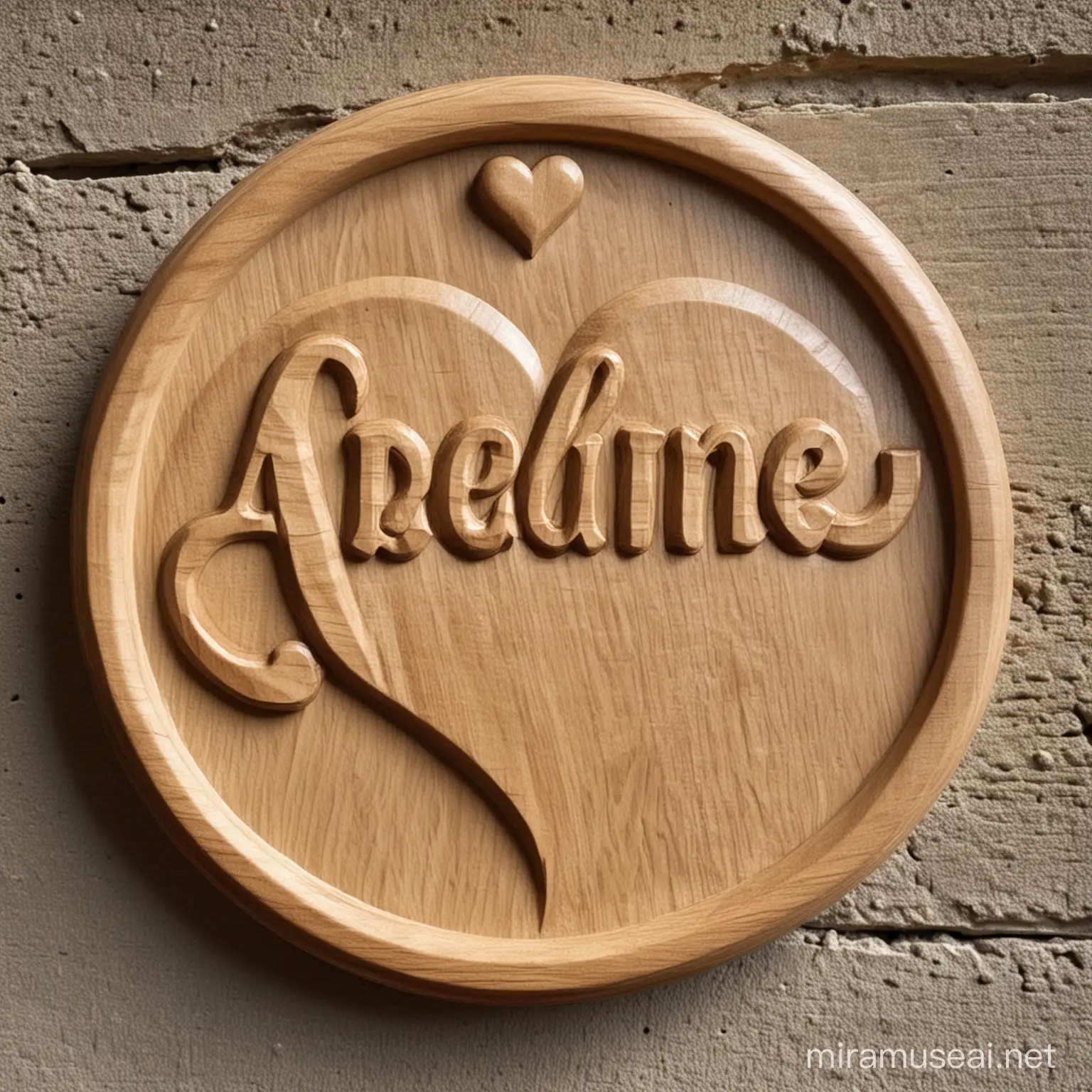 Round Wooden Style BasRelief with Heart and Name Adeline