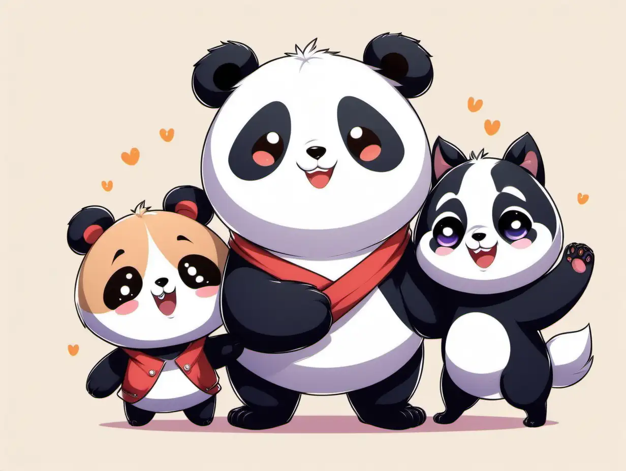 an illustration in kawai mode of a 3 characters team made up of a panda, a dog, a wolf. They are happy and friendly