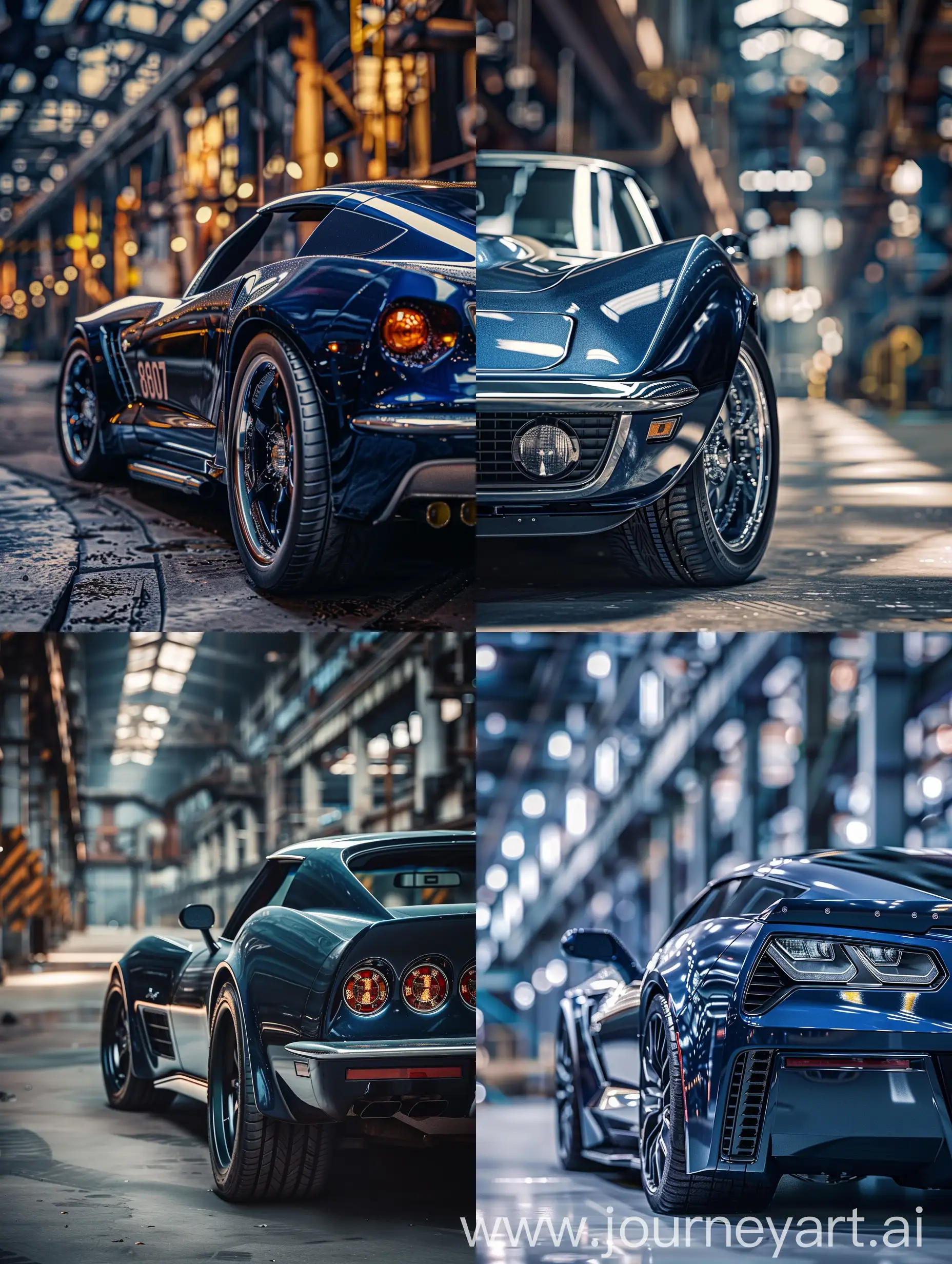 (macro portrait) (a navy blue chevrolet corvette) (Environment: a steel factory), 8k, insane details, intricate details, beautifully color graded, Color Grading, Editorial Photography, Cinematic, Bokeh, taken with a 135mm Sigma ART lens, ISO 100, f/2, 1/100th