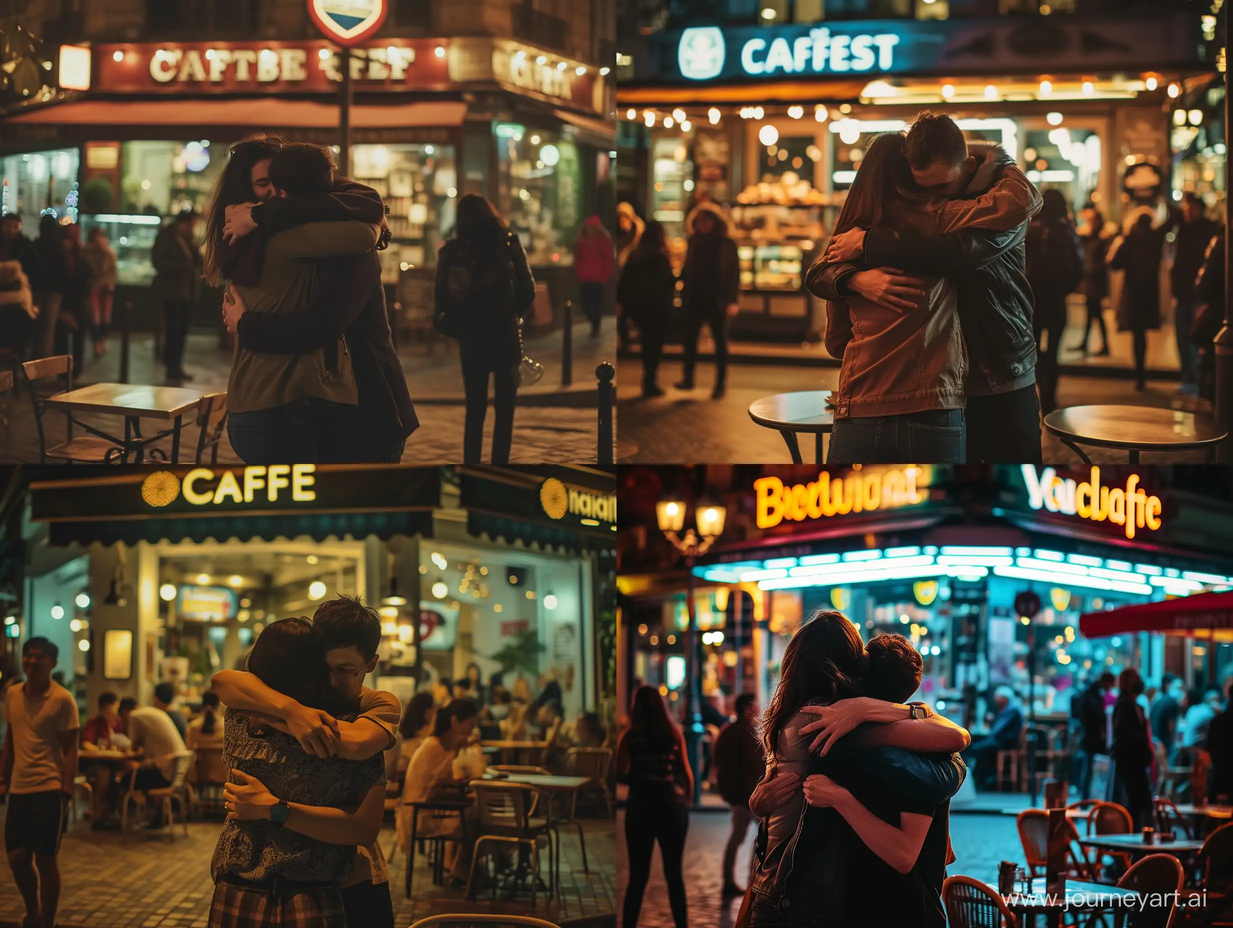 A cinematic wide photo of two people hugging in front of a busy cafe at night, incredible lighting