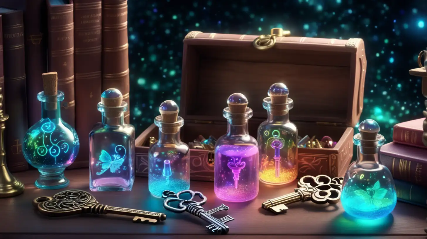 Magical Fairytale Library with Glowing Keys and Iridescent Potions