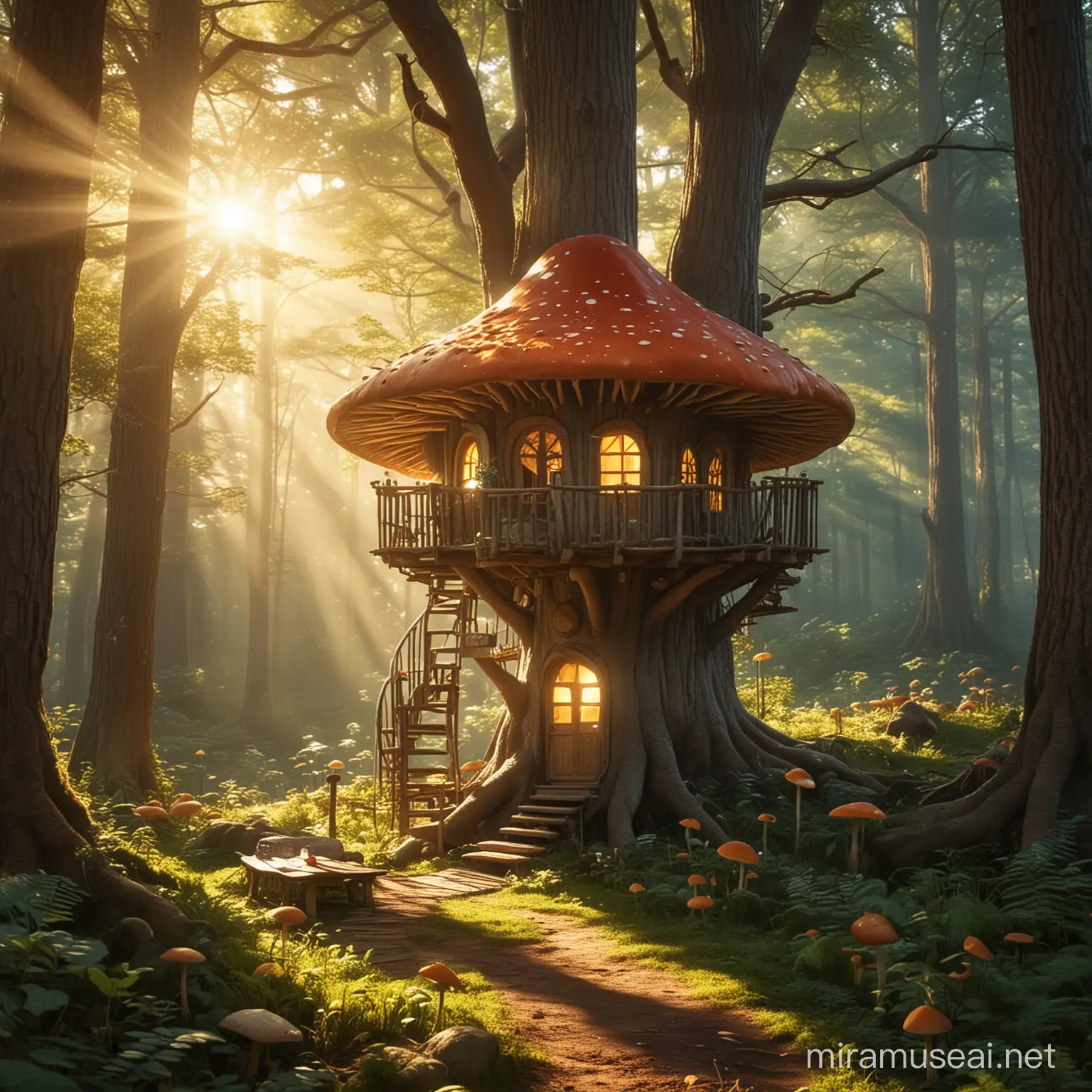 Enchanted Forest Treehouse with Whimsical Mushrooms and Dappled Sunlight