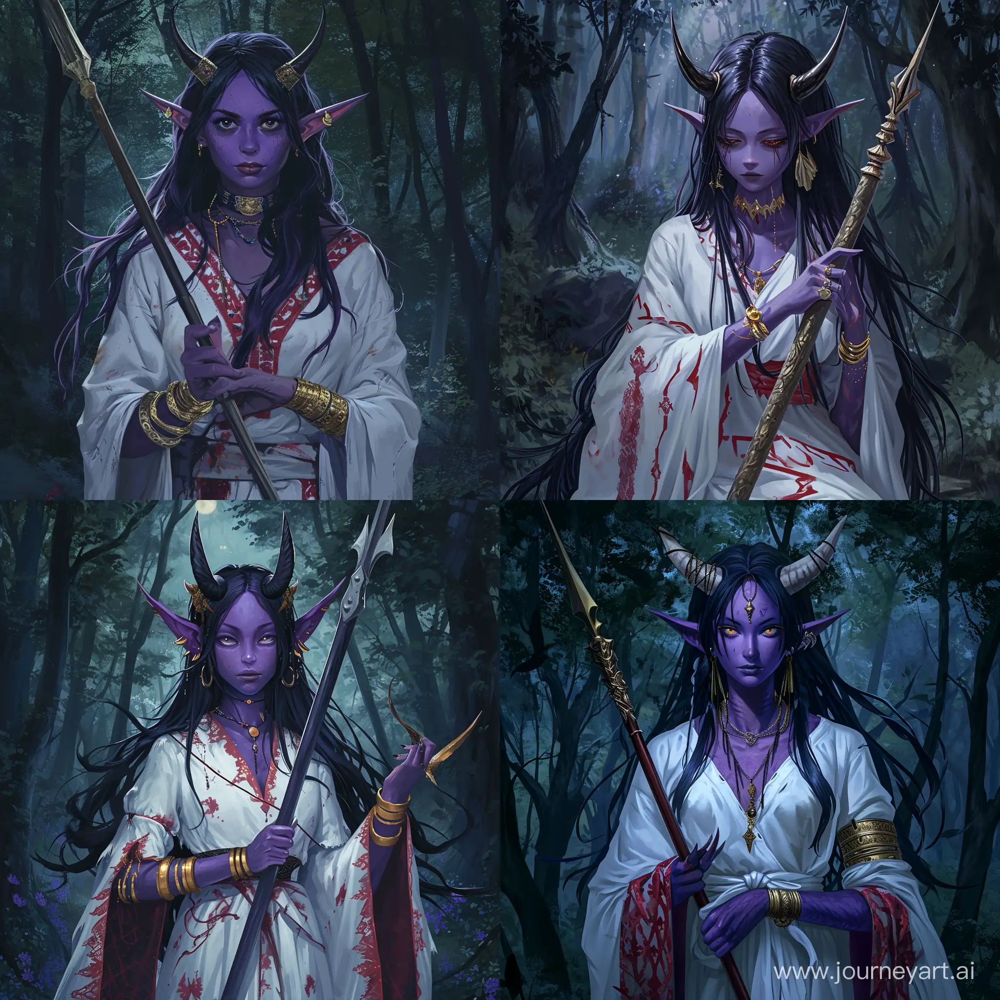 A girl, a demon with purple skin color, with long black hair, sharp horns on her head, gold-plated bracelets on her wrists, dressed in a white robe with red-dark patterns, a night forest background, a spear in her hands