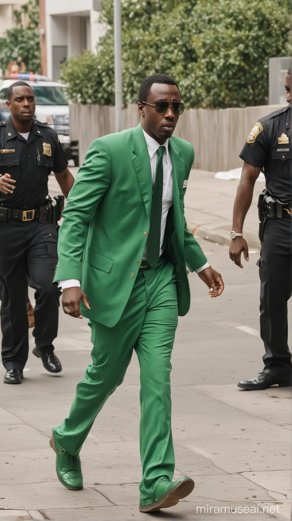 Puff daddy running from the cops in an all green suit