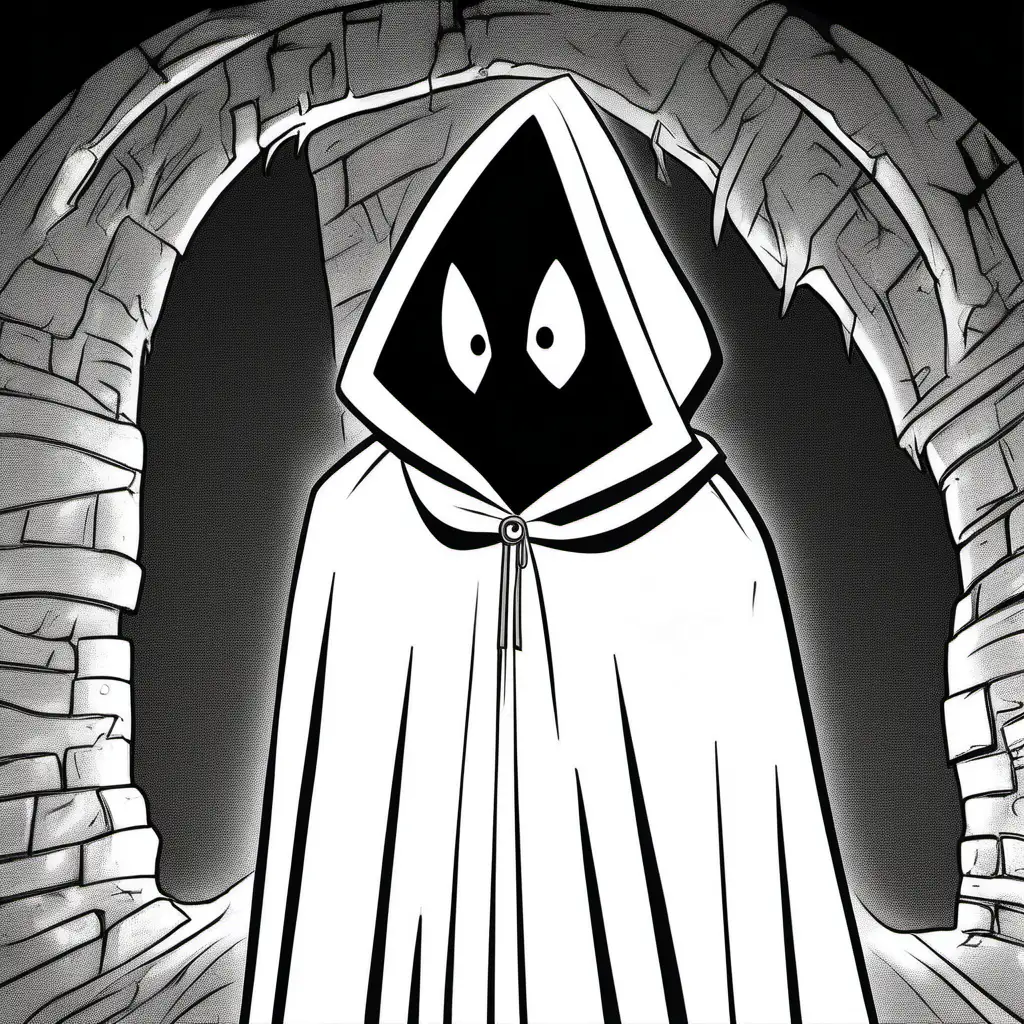 hooded cloaked villain horror, 1960s cartoon, character with cloak, cannot see face, only see white eyes, hanna barbera cartoon, kids cartoon show scene, 