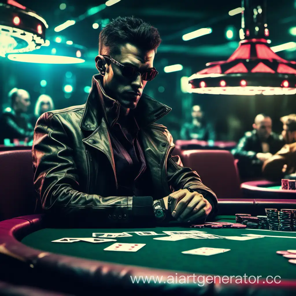 Картинка 1920x1080 FULL HD, человек сидит за покерным столом и смотрит на всех подозрительно картинка в стиле киберпанк