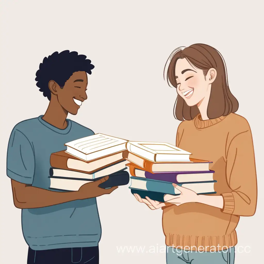 два человека улыбаются и дарят друг другу книги