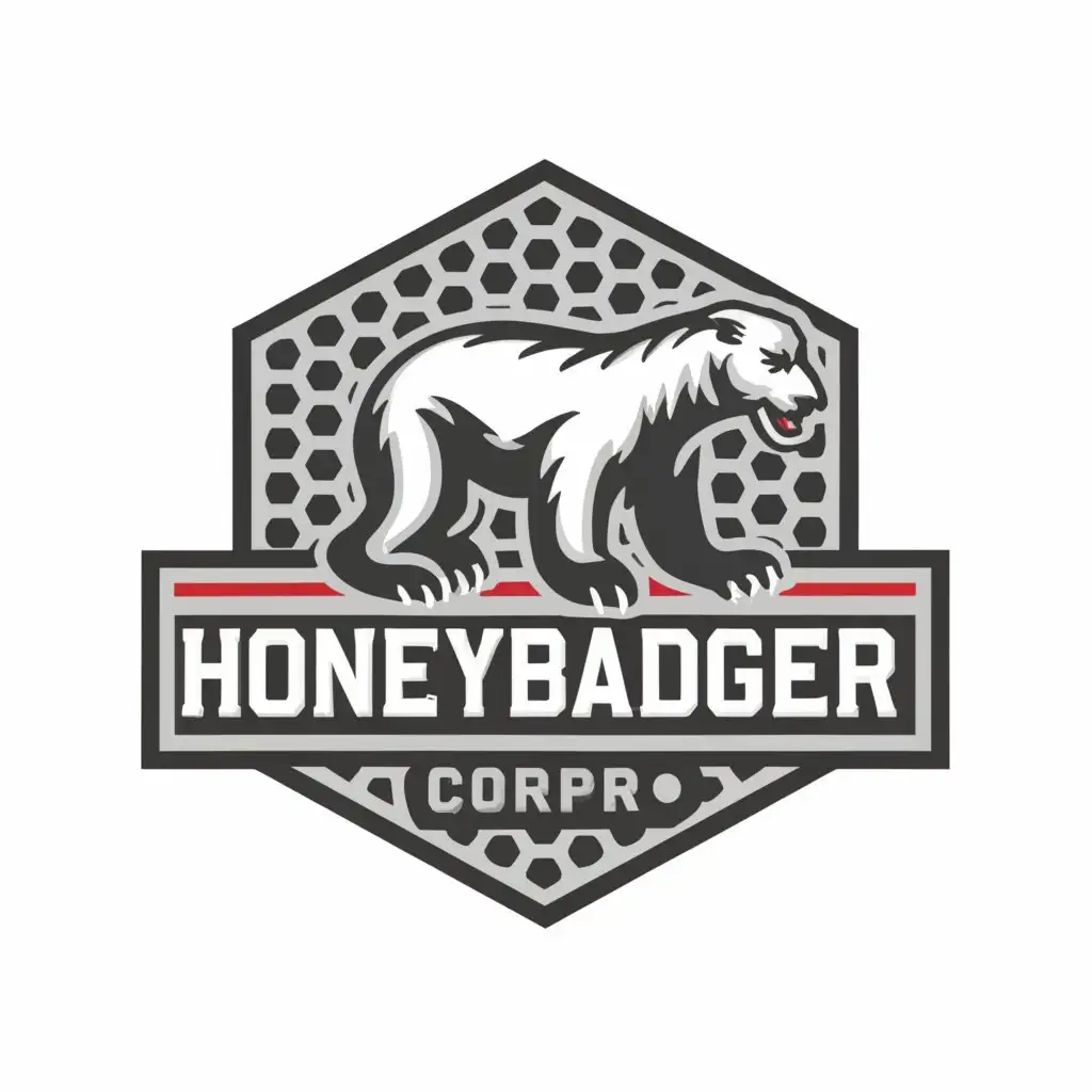 a logo design,with the text "HoneBadgerCorp", main symbol:A Honeybadger, Hexagon, ,complex,clear background