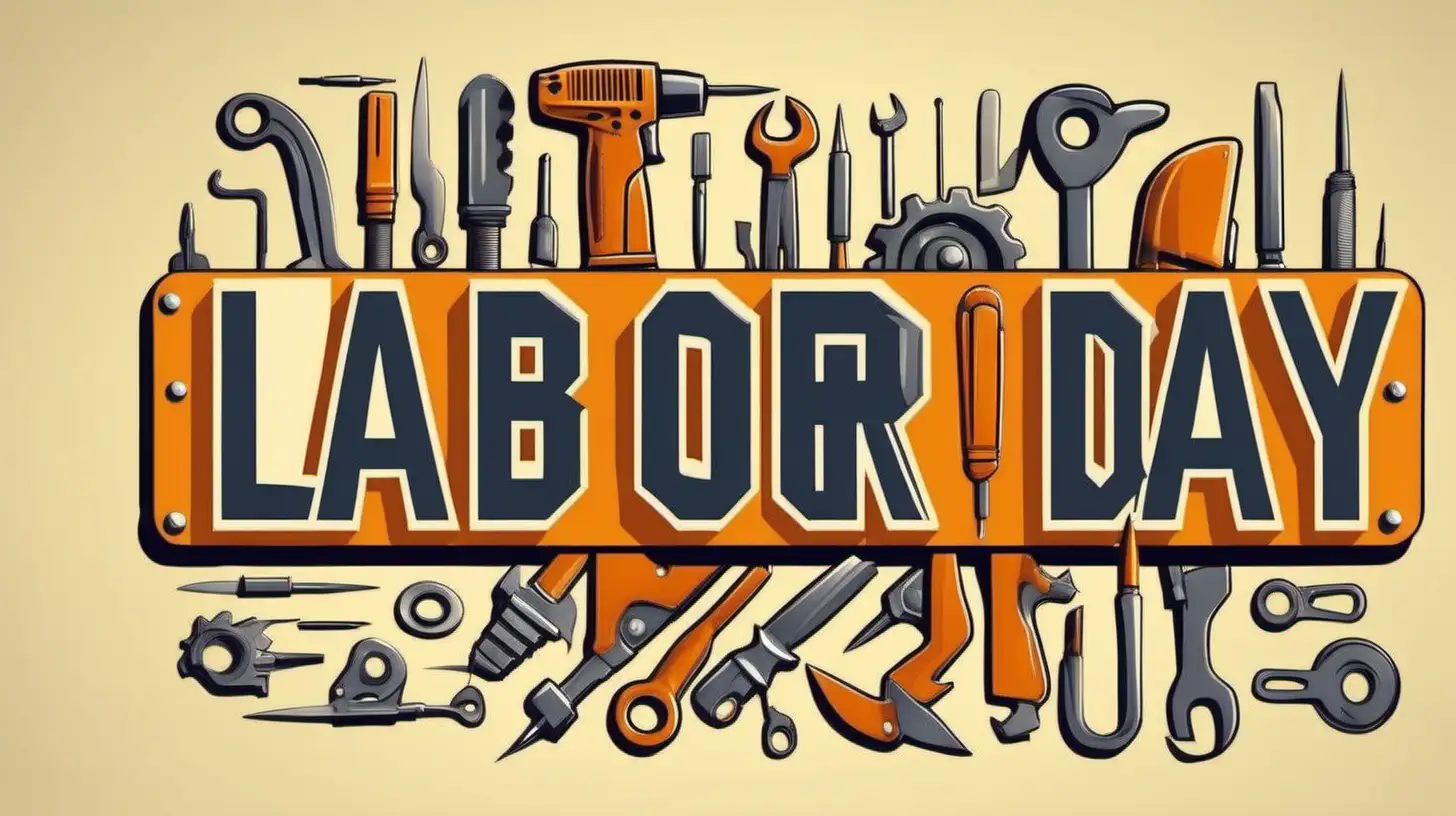 labor day, write  Happy Labor Day in the middle with large fonts,make mechanical equipments like screwdriver etc around 